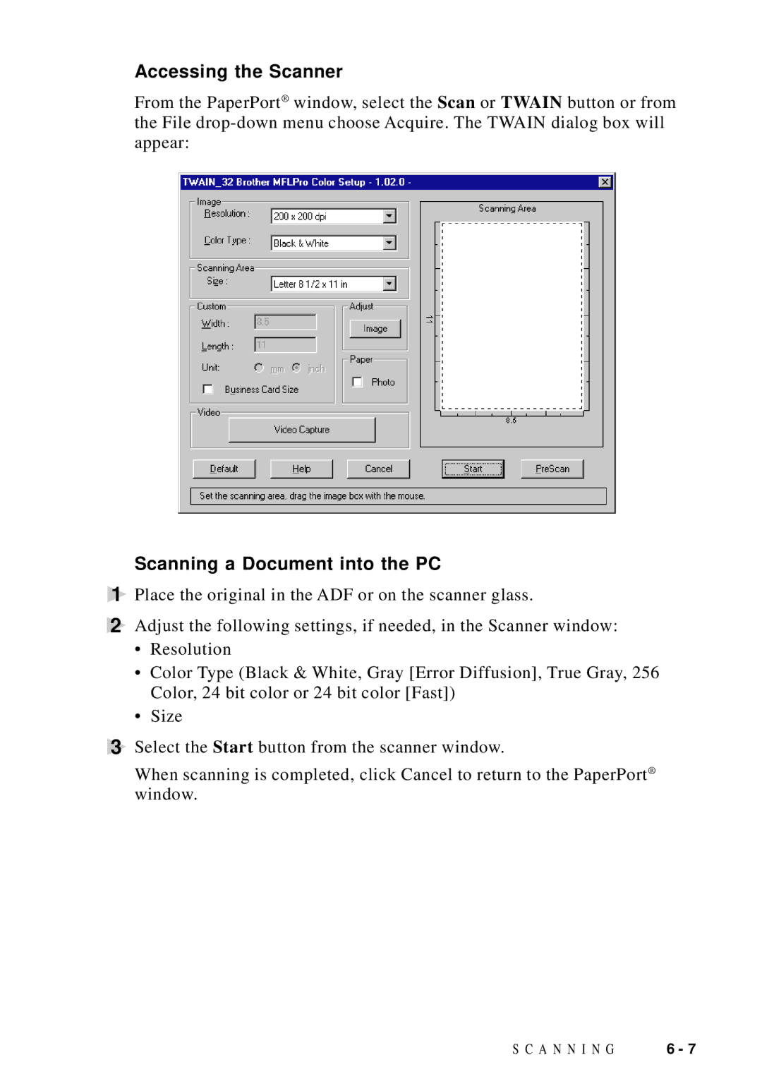 Brother DCP1200 manual Accessing the Scanner, Scanning a Document into the PC 