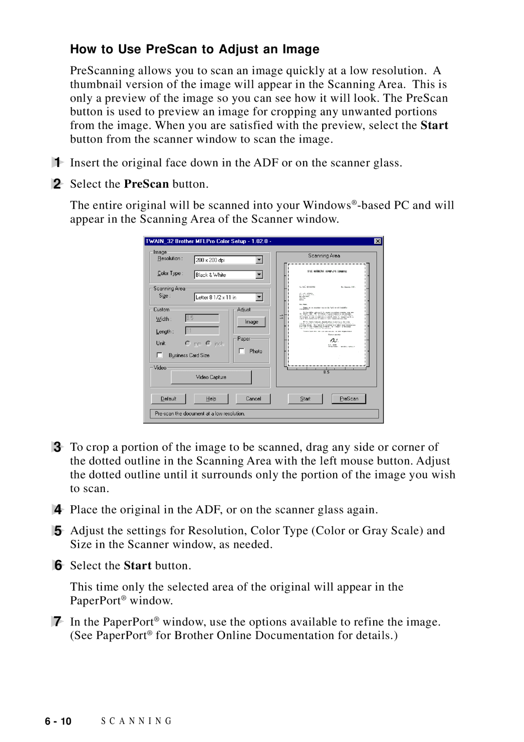 Brother DCP1200 manual How to Use PreScan to Adjust an Image 