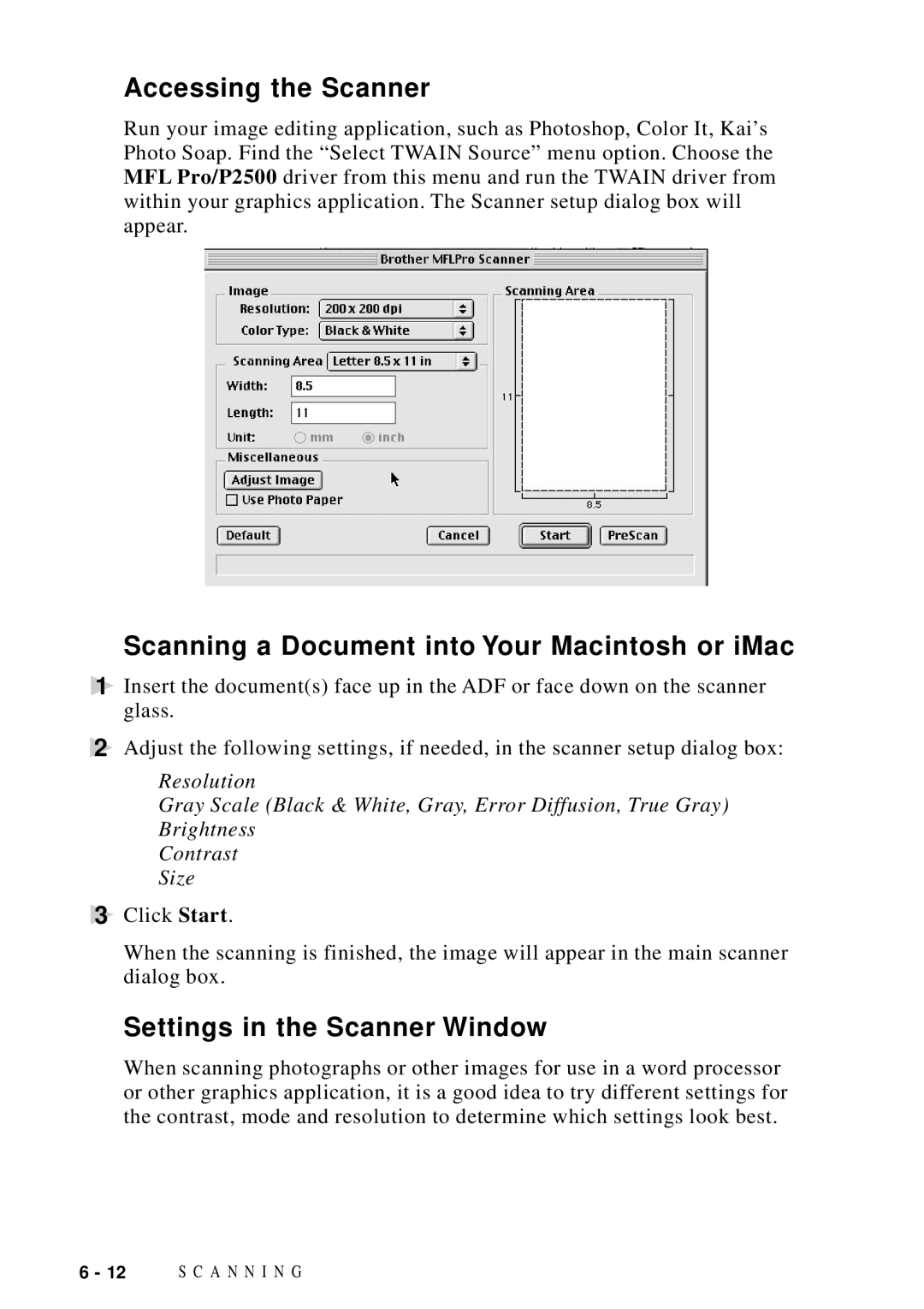 Brother DCP1200 Accessing the Scanner, Scanning a Document into Your Macintosh or iMac, Settings in the Scanner Window 