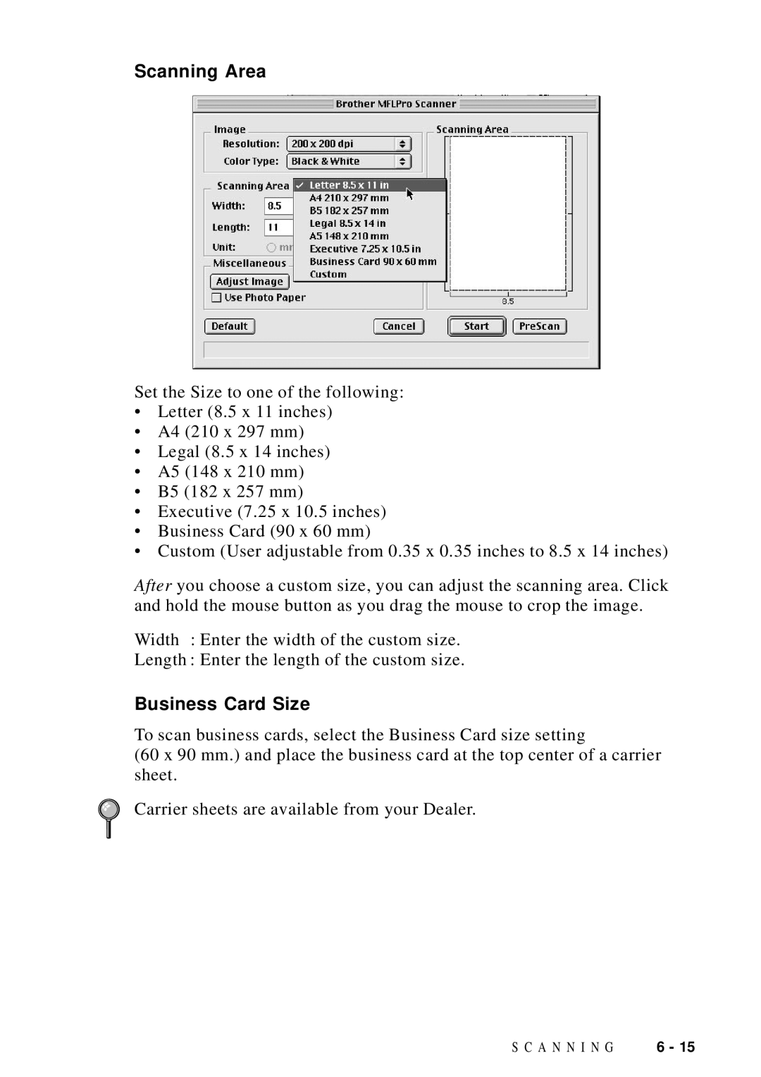 Brother DCP1200 manual Scanning Area, Business Card Size 