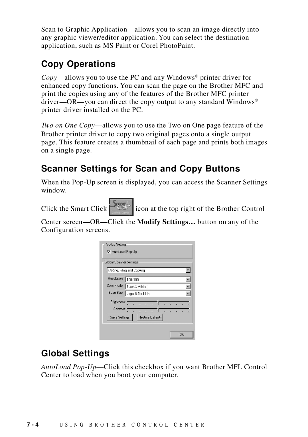 Brother DCP1200 manual Copy Operations, Scanner Settings for Scan and Copy Buttons, Global Settings 