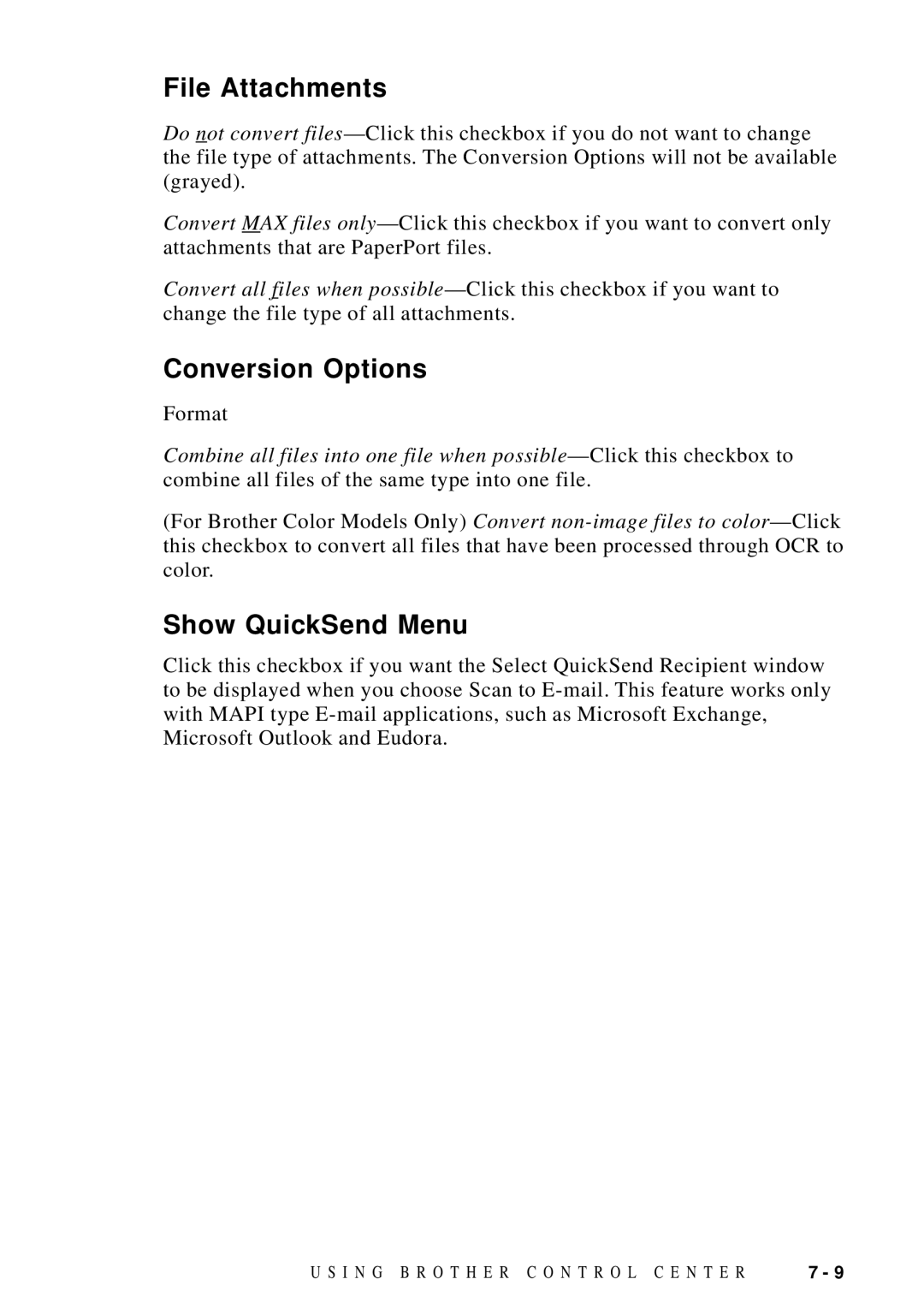 Brother DCP1200 manual File Attachments, Conversion Options, Show QuickSend Menu 