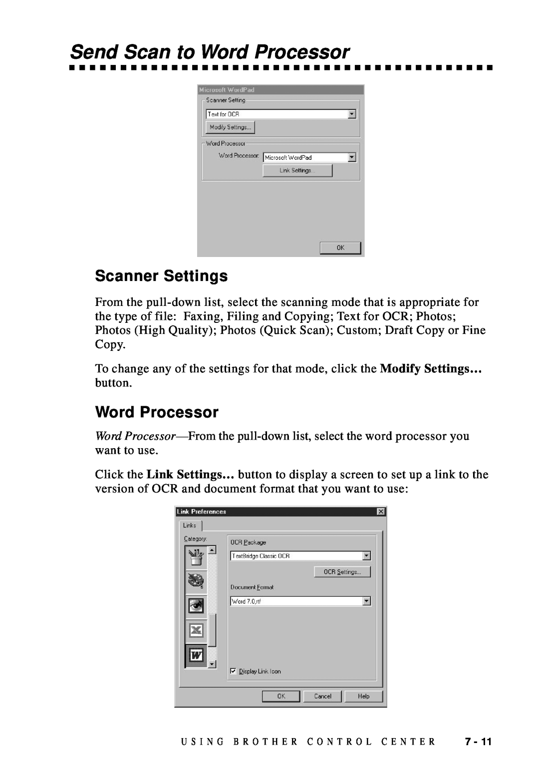 Brother DCP1200 manual Send Scan to Word Processor, Scanner Settings 