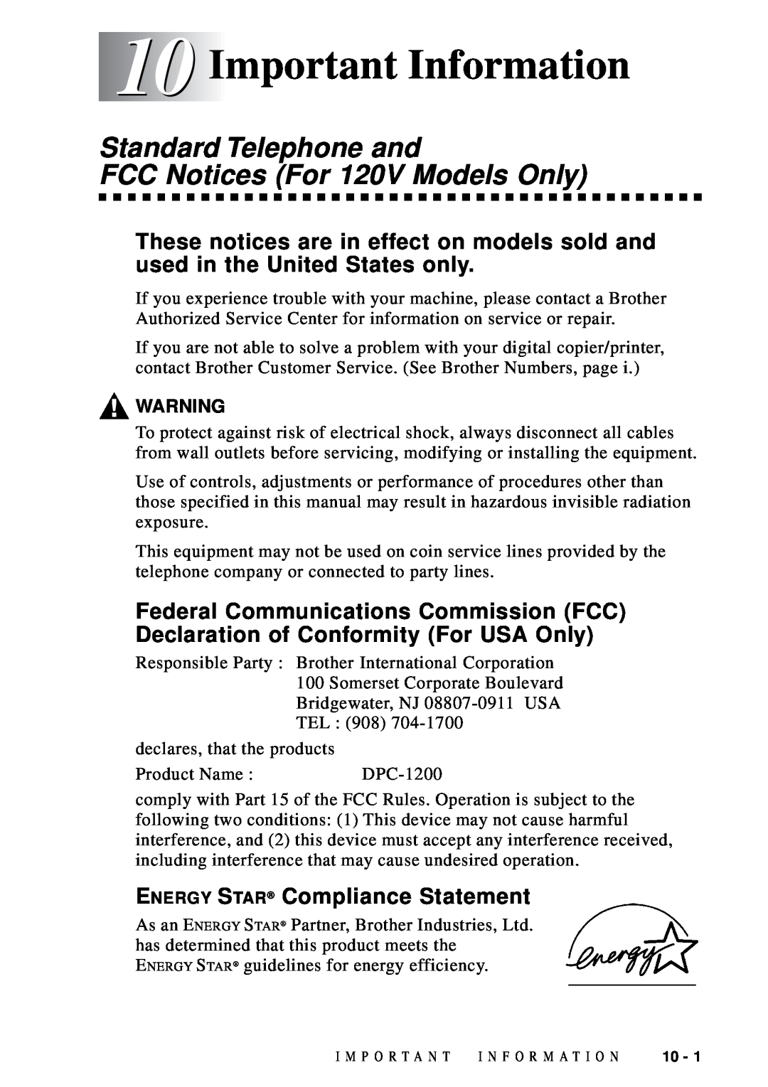 Brother DCP1200 manual Important Information, Standard Telephone and FCC Notices For 120V Models Only 