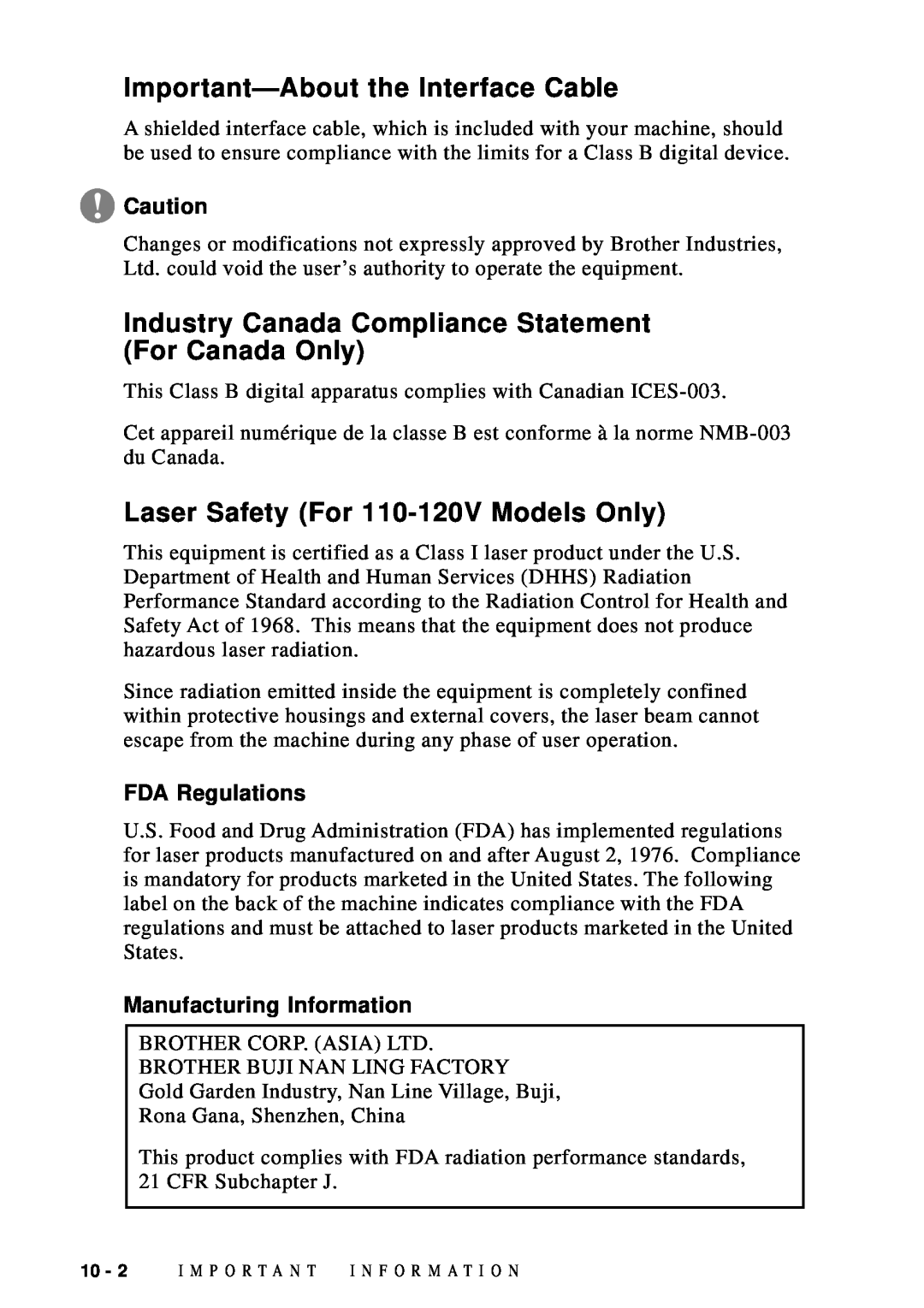 Brother DCP1200 Important-About the Interface Cable, Industry Canada Compliance Statement For Canada Only, FDA Regulations 