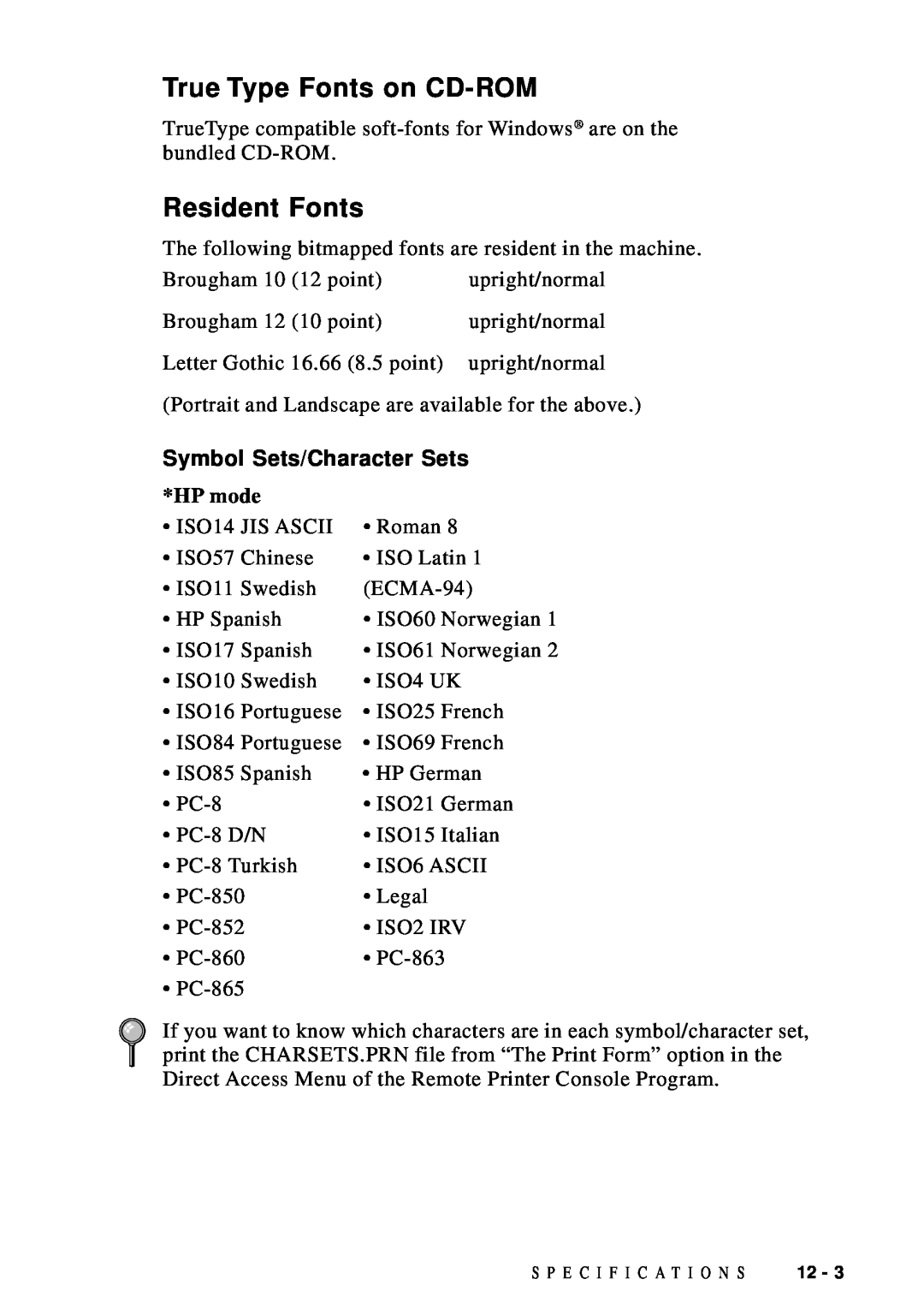 Brother DCP1200 manual True Type Fonts on CD-ROM, Resident Fonts, Symbol Sets/Character Sets, HP mode 