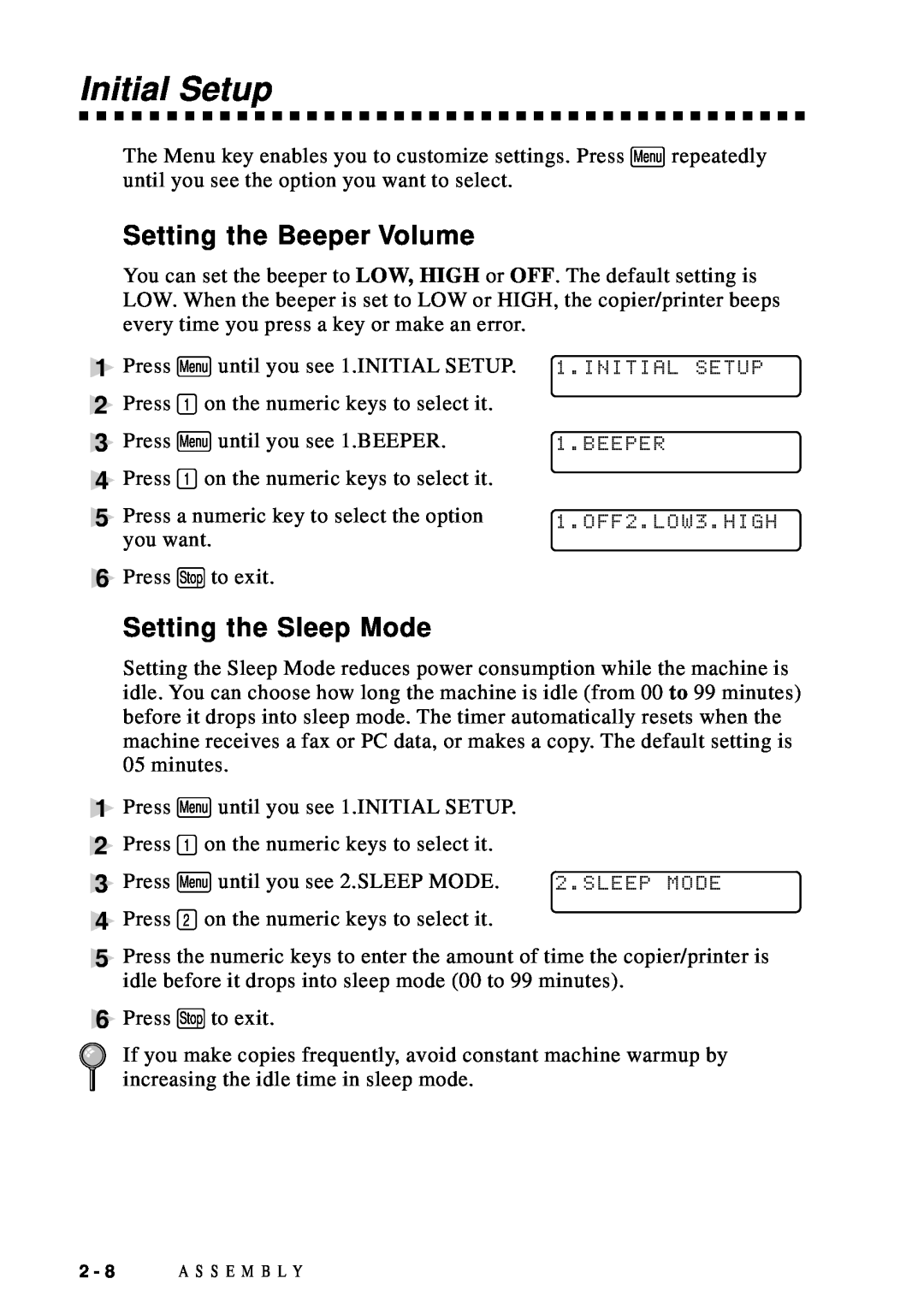 Brother DCP1200 manual Initial Setup, Setting the Beeper Volume, Setting the Sleep Mode 