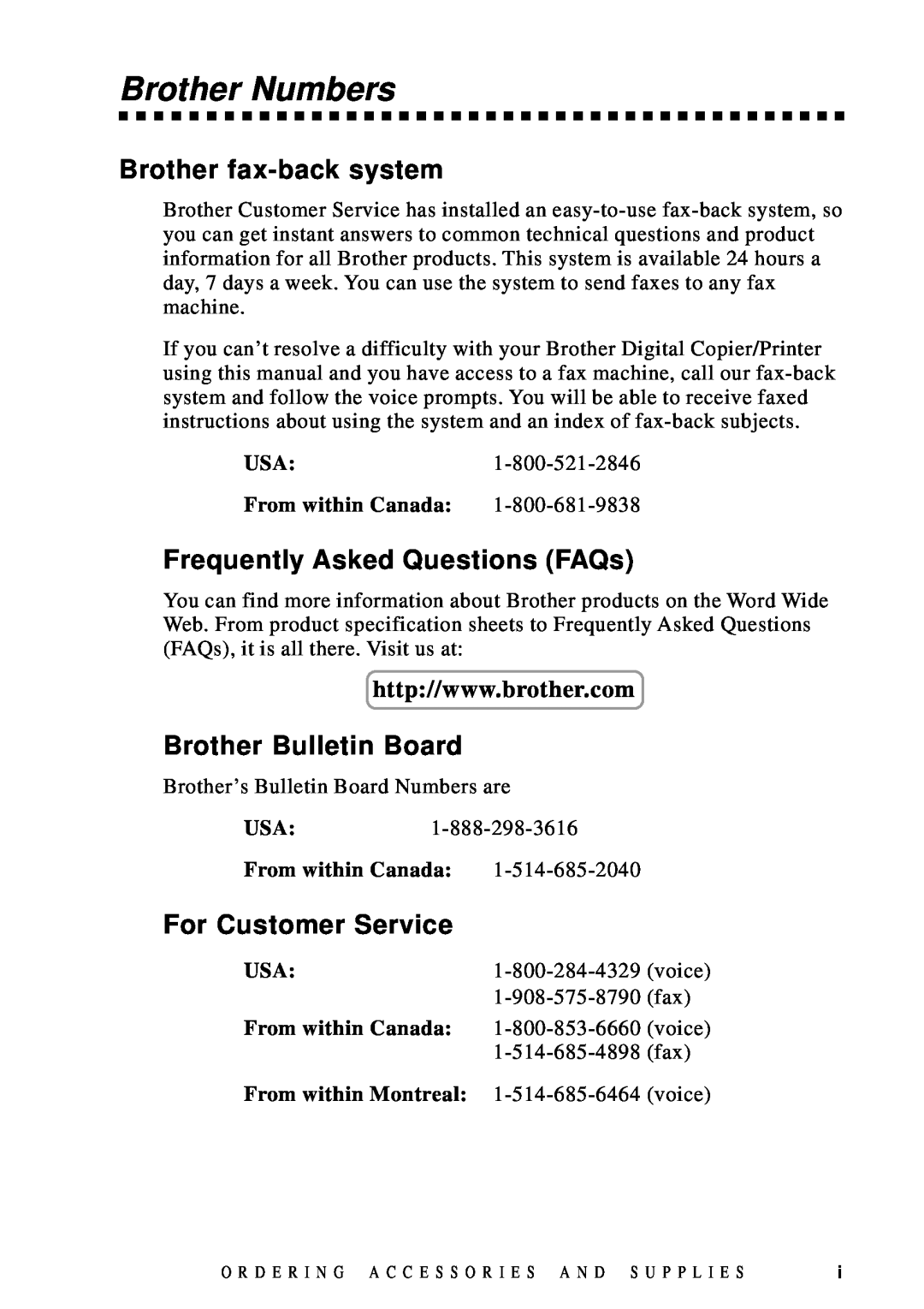 Brother DCP1200 manual Brother Numbers, Brother fax-back system, Frequently Asked Questions FAQs, Brother Bulletin Board 