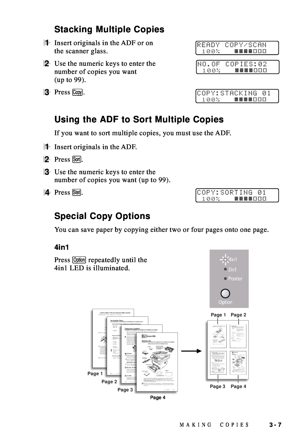Brother DCP1200 manual Stacking Multiple Copies, Using the ADF to Sort Multiple Copies, Special Copy Options, 4in1 