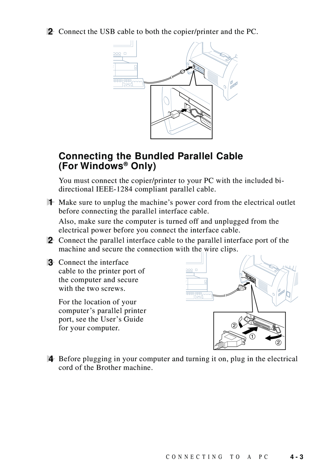 Brother DCP1200 manual Connecting the Bundled Parallel Cable For Windows Only 