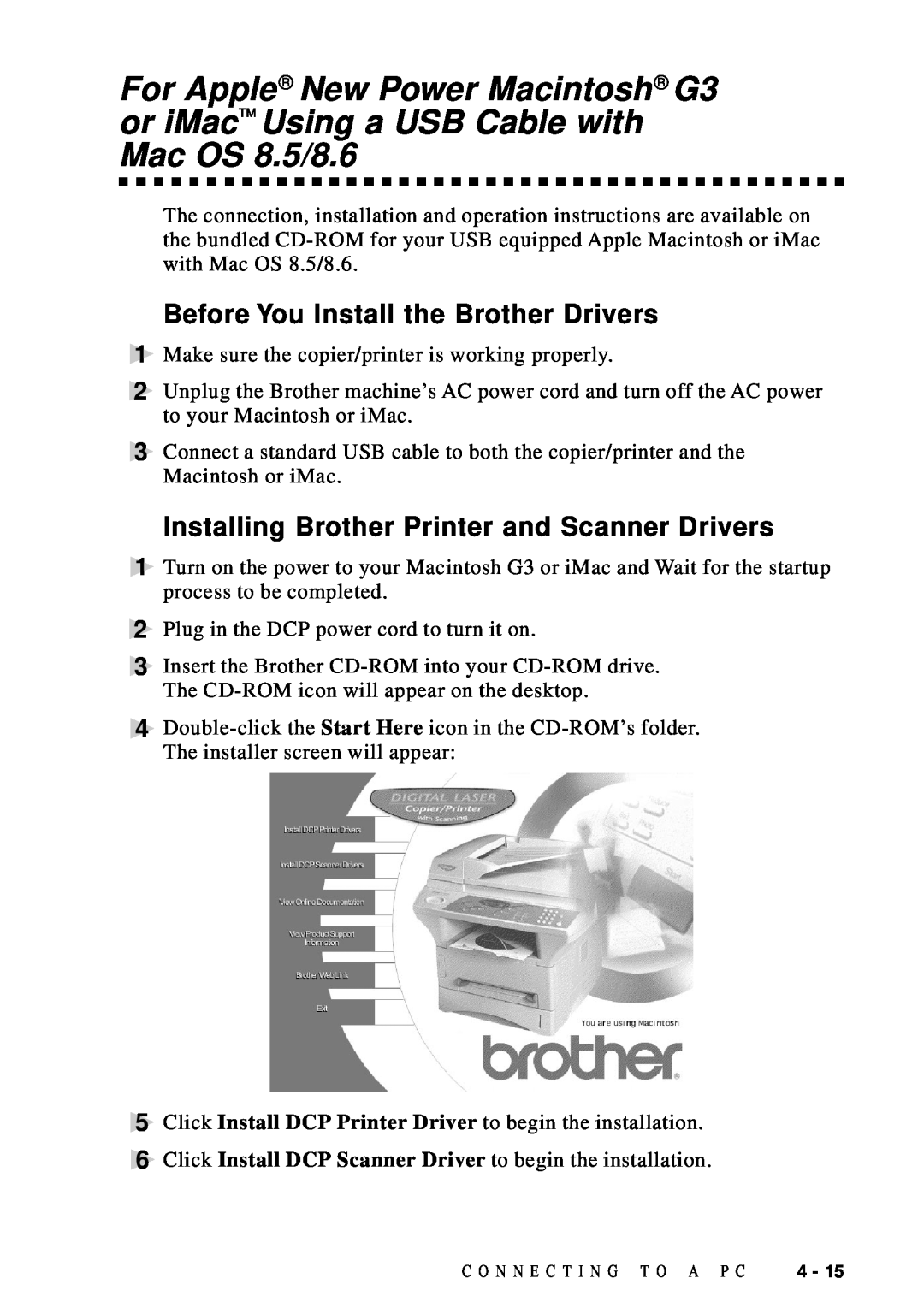 Brother DCP1200 manual For Apple New Power Macintosh G3 or iMac Using a USB Cable with, Mac OS 8.5/8.6 