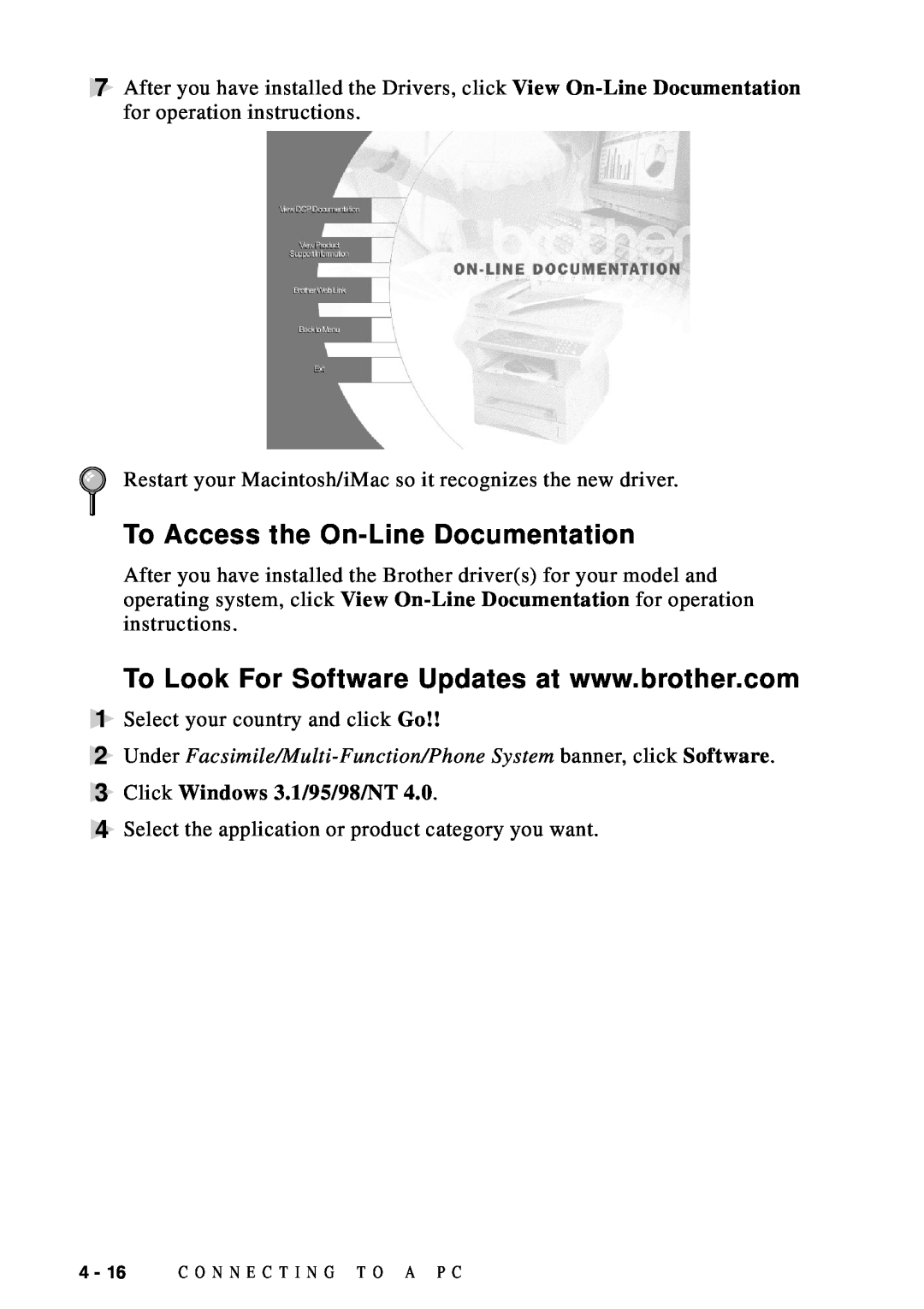 Brother DCP1200 To Access the On-Line Documentation, Under Facsimile/Multi-Function/Phone System banner, click Software 