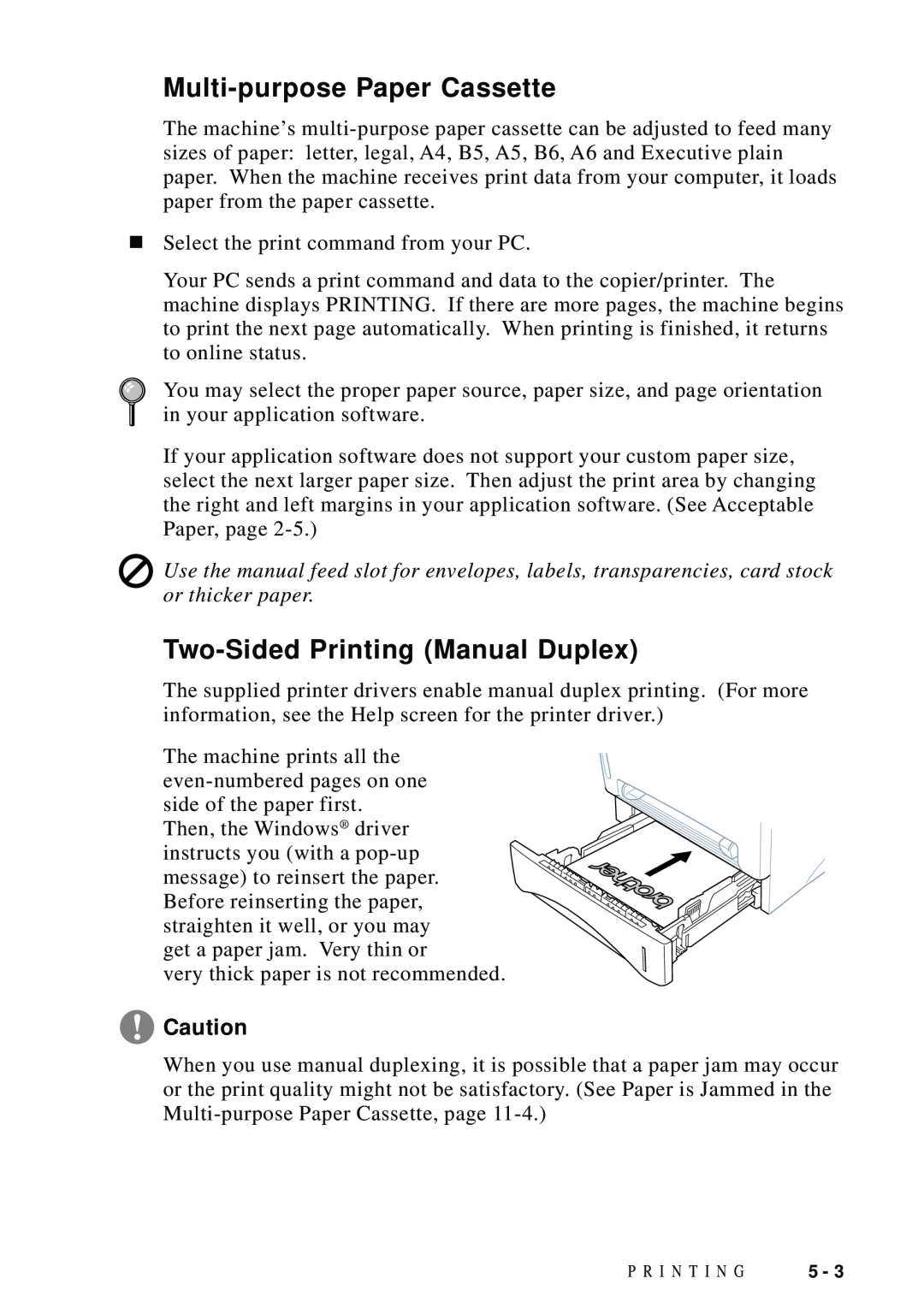 Brother DCP1200 manual Multi-purpose Paper Cassette, Two-Sided Printing Manual Duplex 