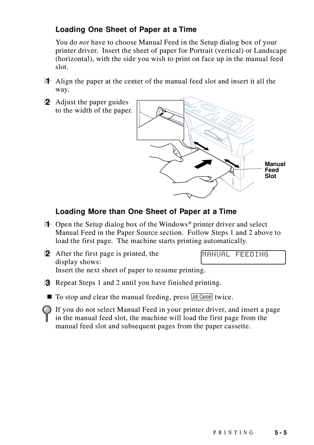 Brother DCP1200 manual Loading One Sheet of Paper at a Time, Loading More than One Sheet of Paper at a Time 