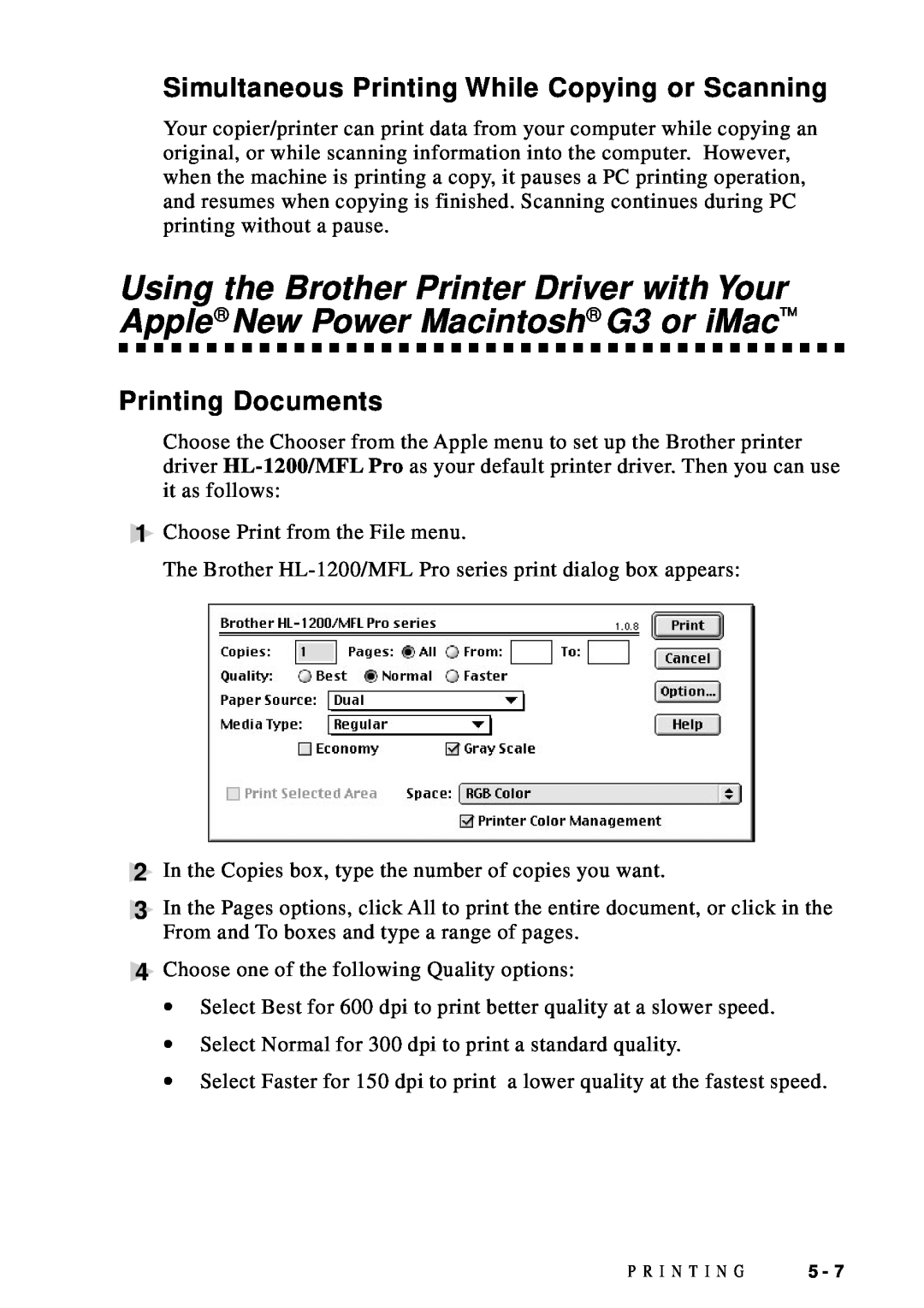 Brother DCP1200 manual Simultaneous Printing While Copying or Scanning, Printing Documents 
