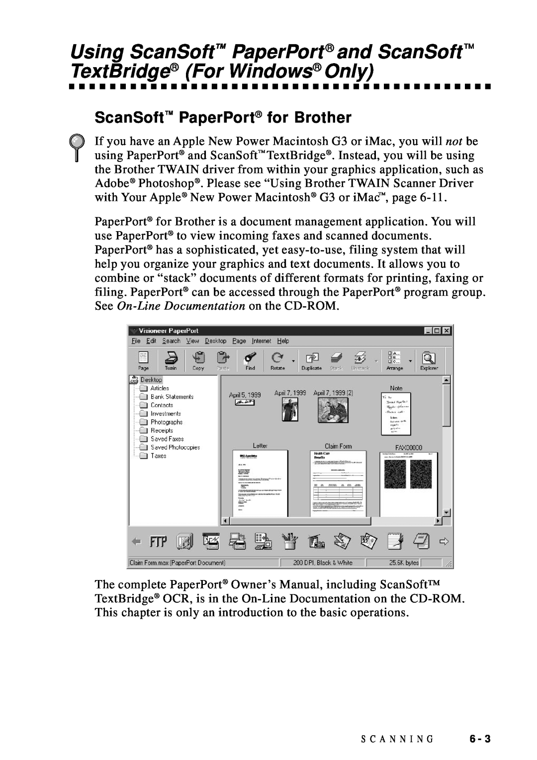 Brother DCP1200 manual Using ScanSoft PaperPort and ScanSoft TextBridge For Windows Only, ScanSoft PaperPort for Brother 