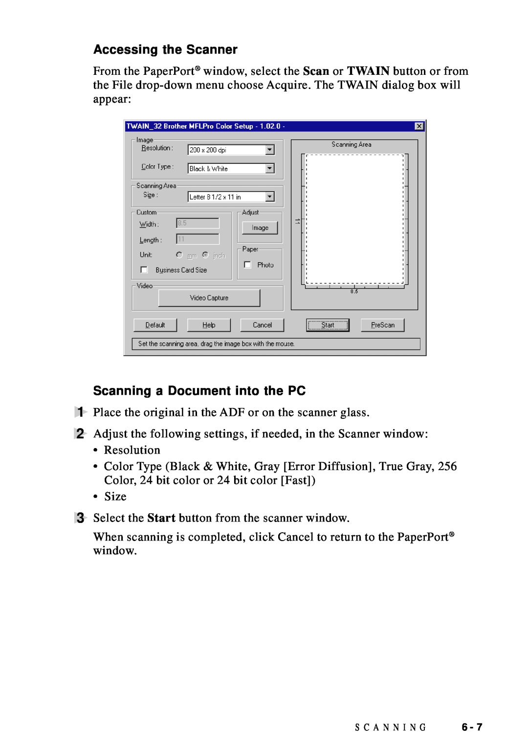 Brother DCP1200 manual Accessing the Scanner, Scanning a Document into the PC 