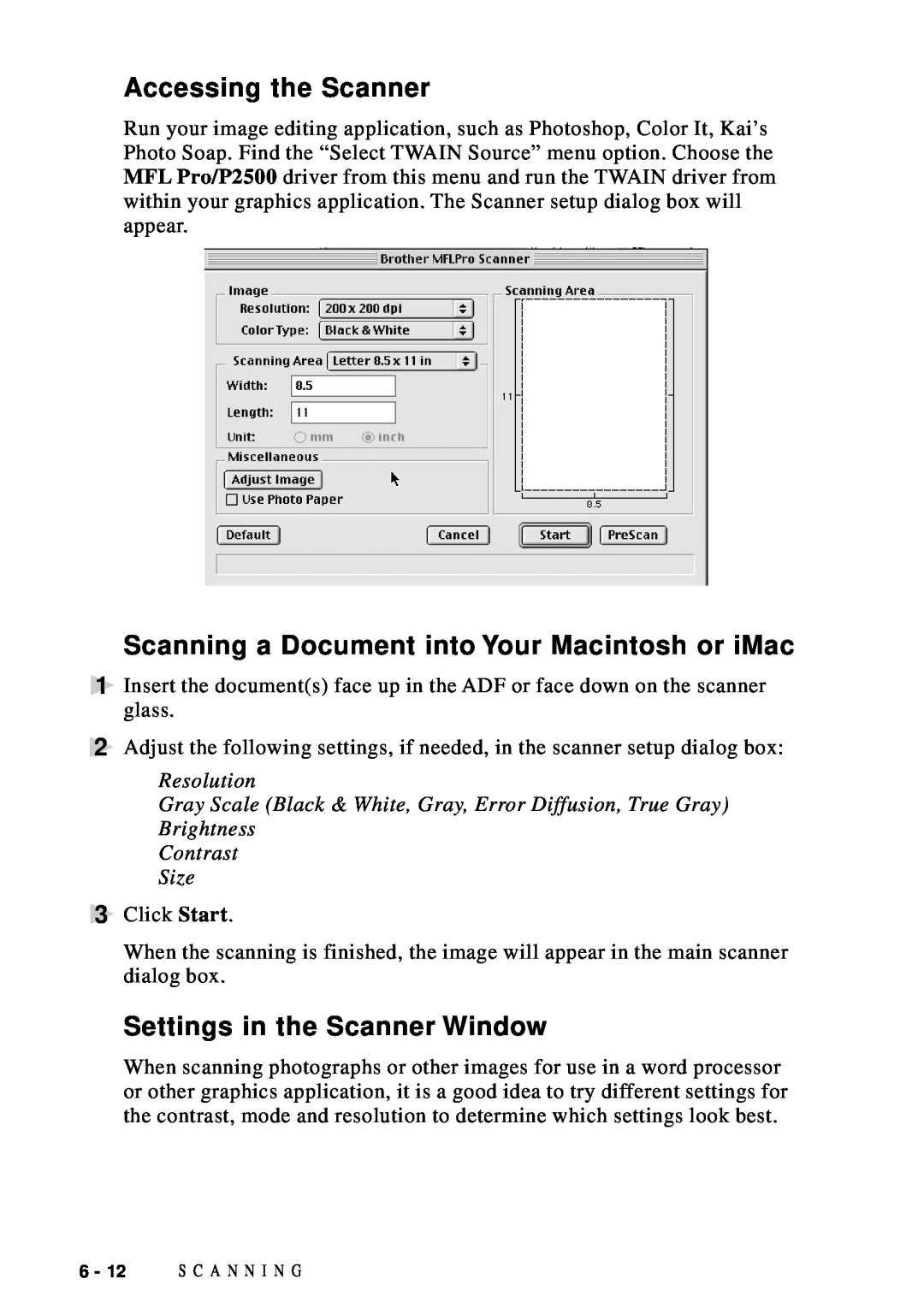 Brother DCP1200 Accessing the Scanner, Scanning a Document into Your Macintosh or iMac, Settings in the Scanner Window 