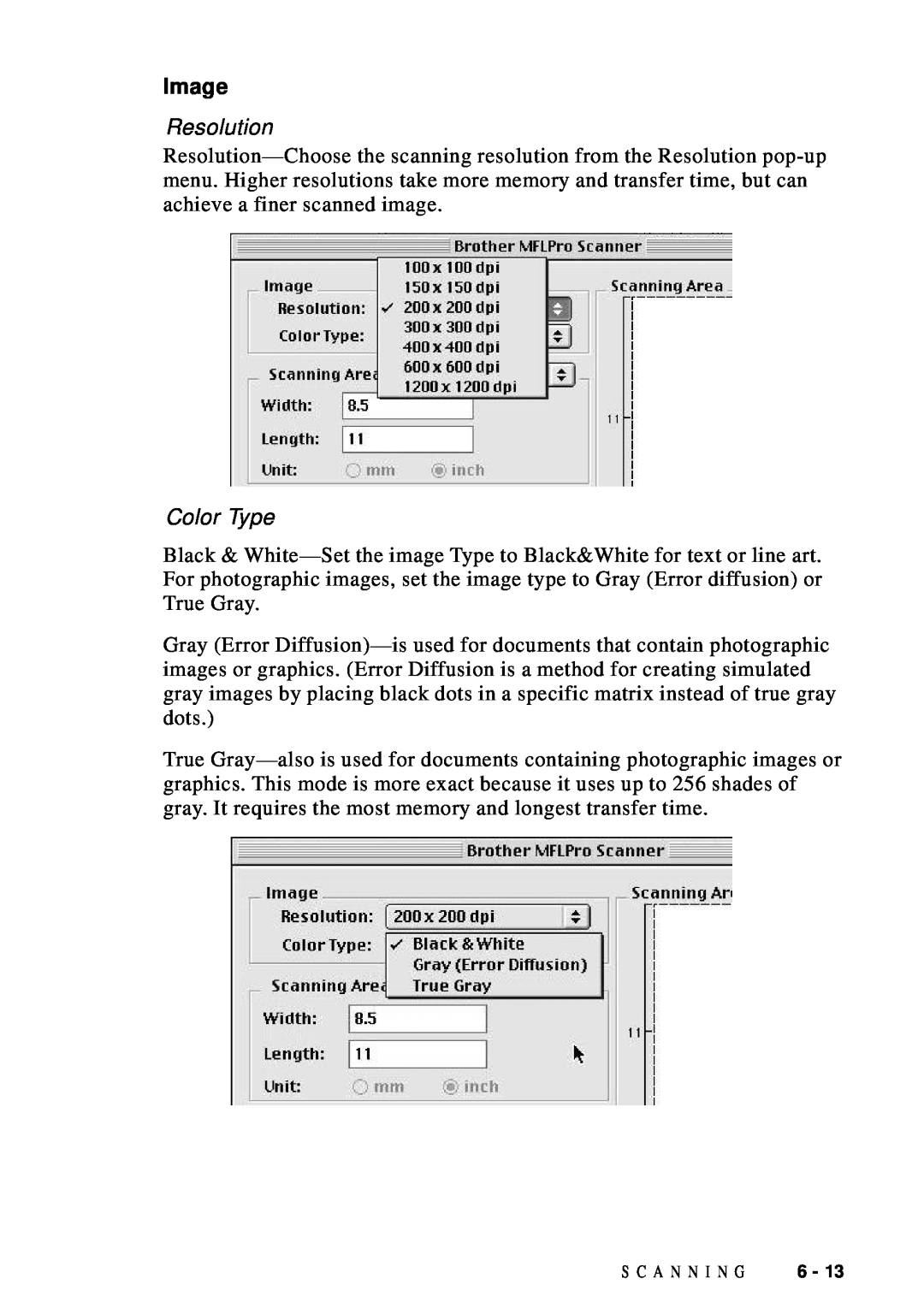 Brother DCP1200 manual Image, Resolution, Color Type 