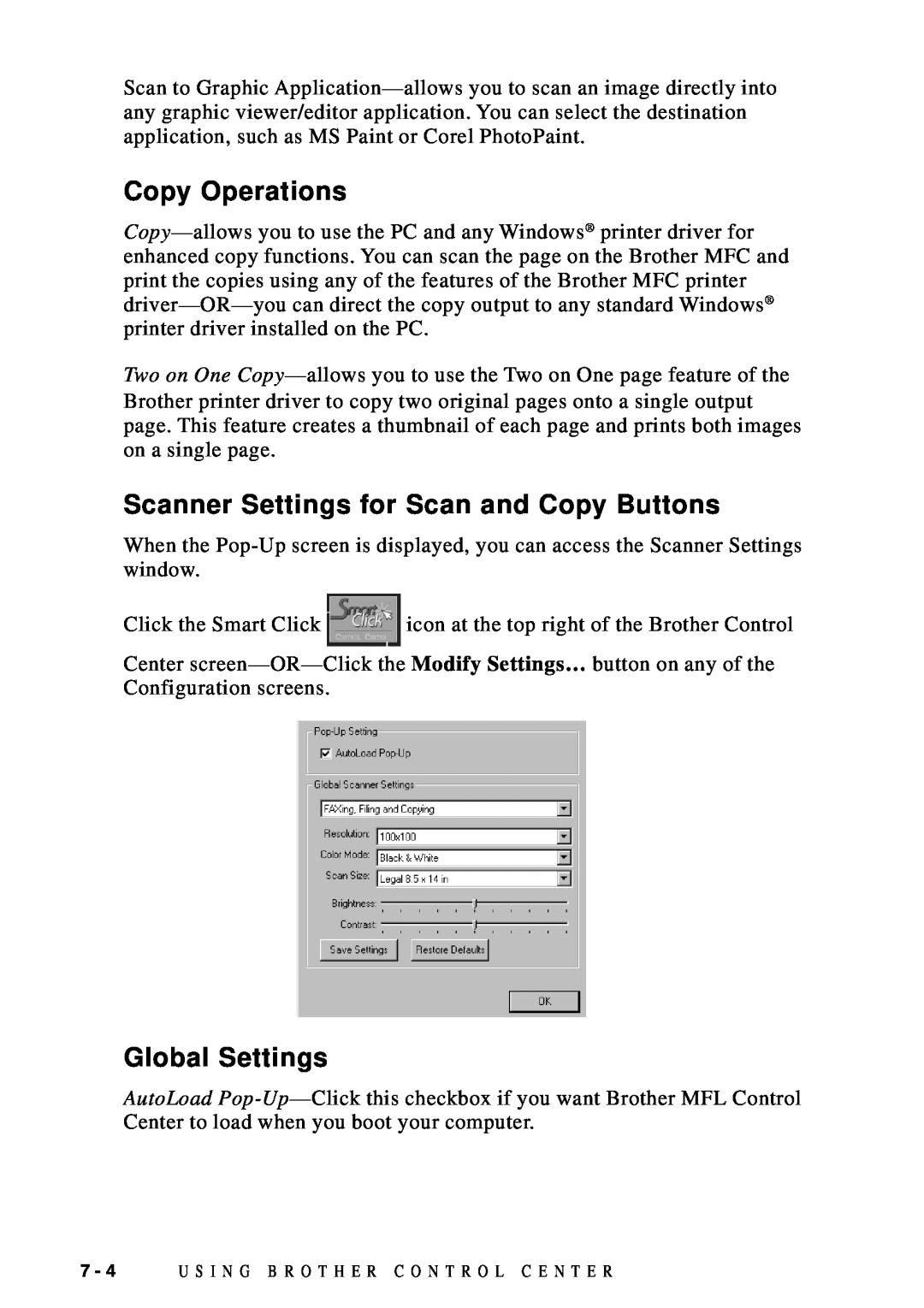 Brother DCP1200 manual Copy Operations, Scanner Settings for Scan and Copy Buttons, Global Settings 
