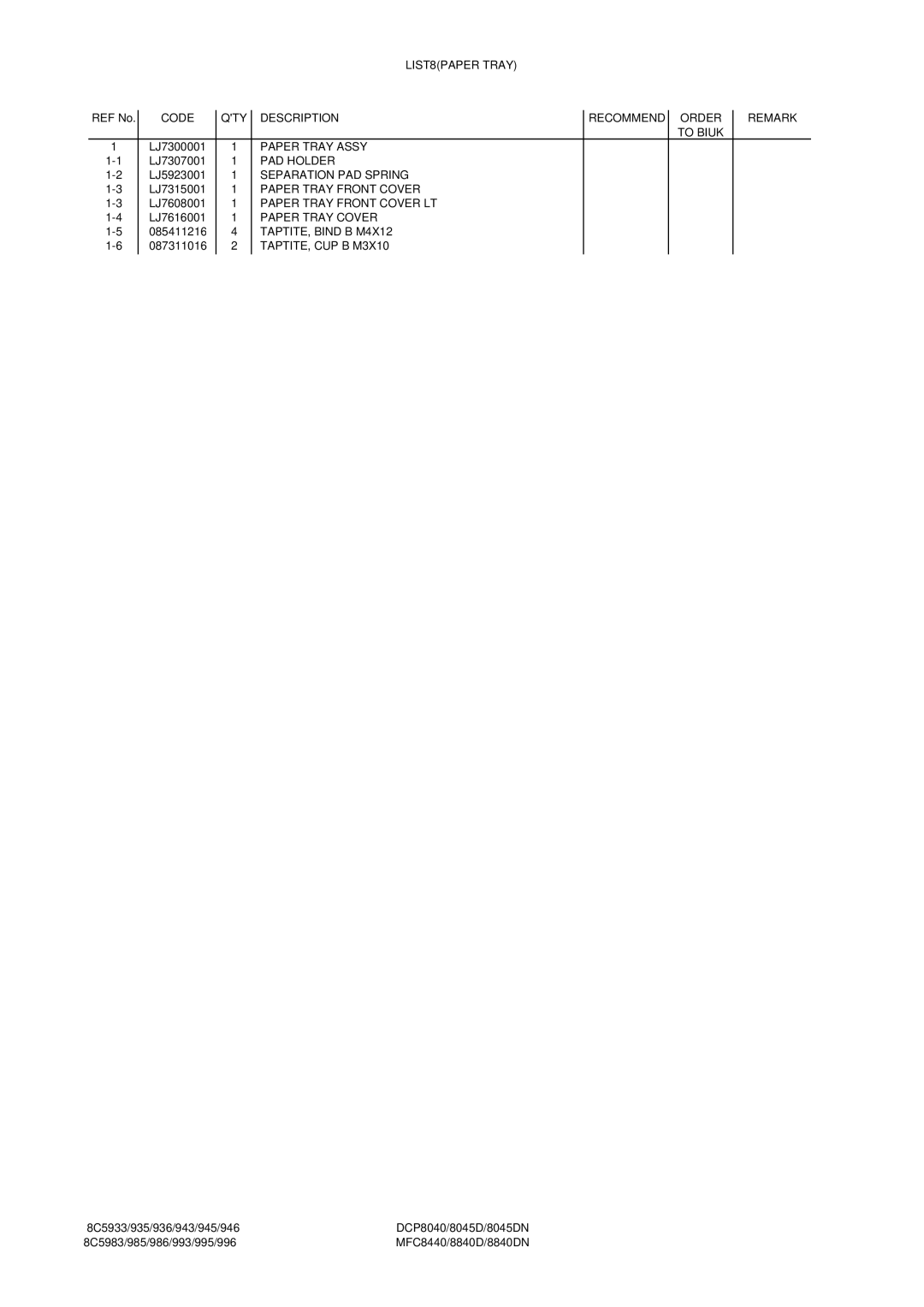 Brother DCP8045DN, DCP8040 LIST8PAPER Tray, Paper Tray Assy, PAD Holder, Separation PAD Spring, Paper Tray Front Cover 