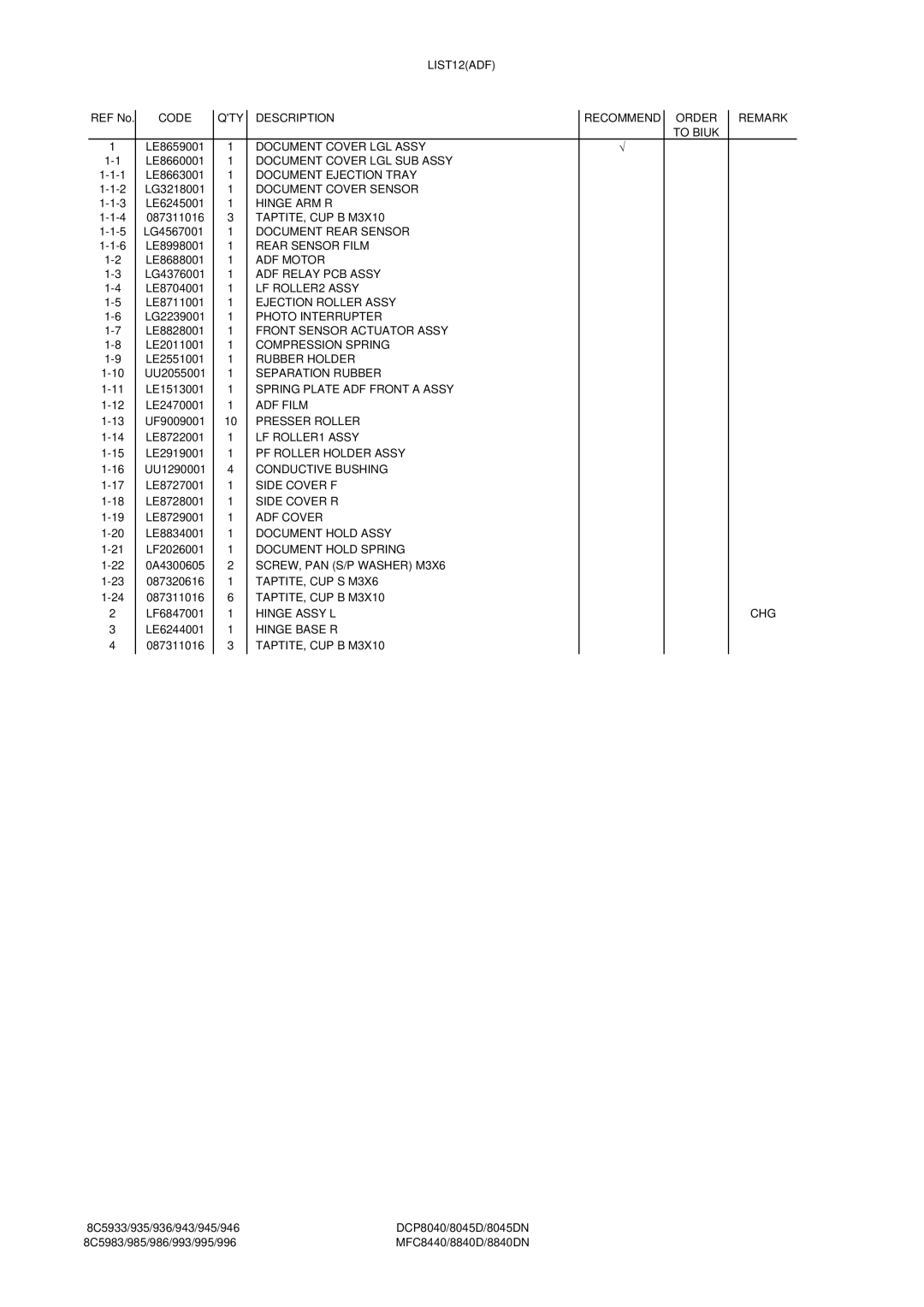 Brother MFC8840DN LIST12ADF, Document Cover LGL Assy, Document Cover LGL SUB Assy, Document Ejection Tray, Hinge ARM R 