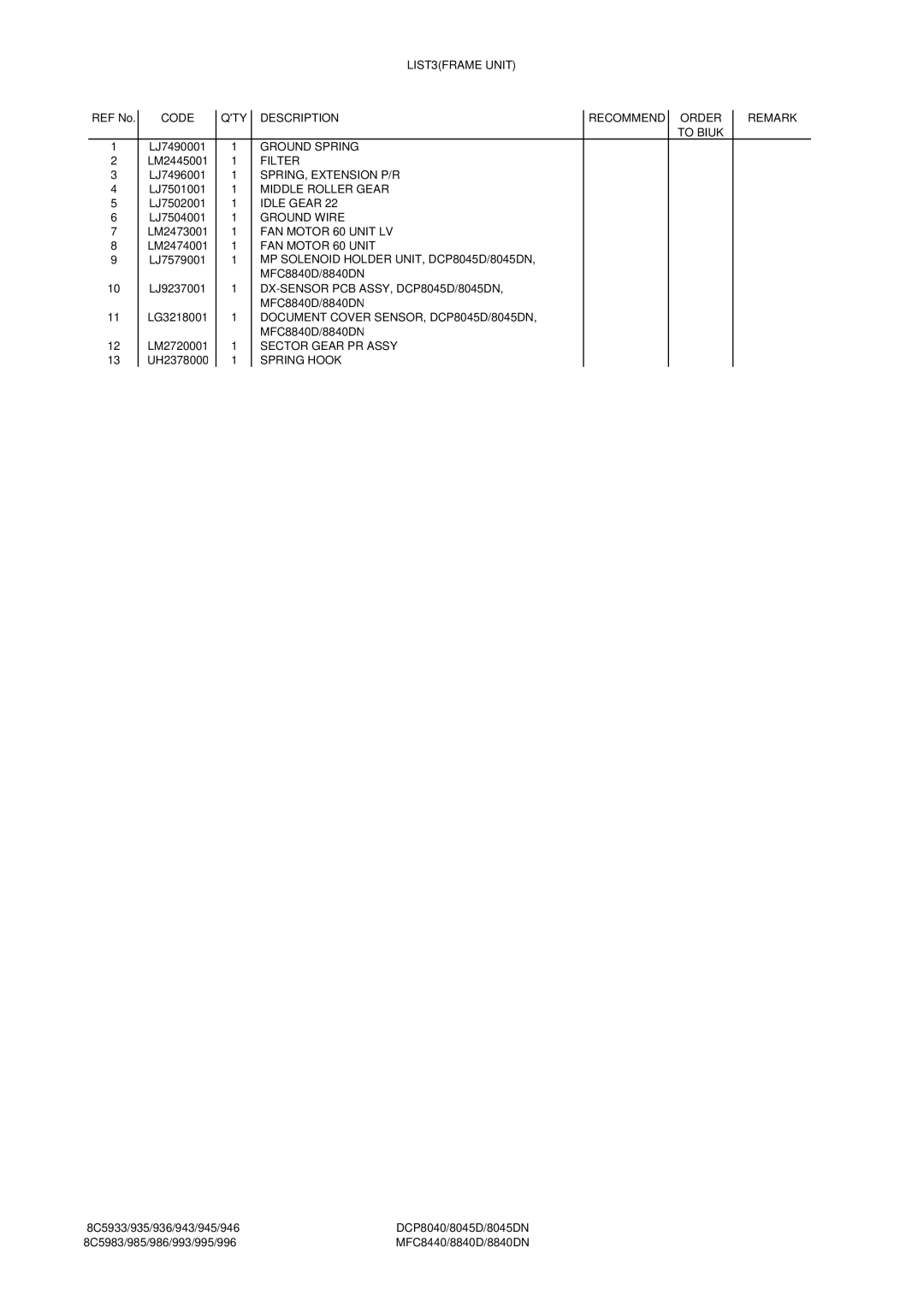 Brother MFC8840DN, DCP8045DN LIST3FRAME Unit, Ground Spring, Filter, SPRING, Extension P/R, Middle Roller Gear, Idle Gear 