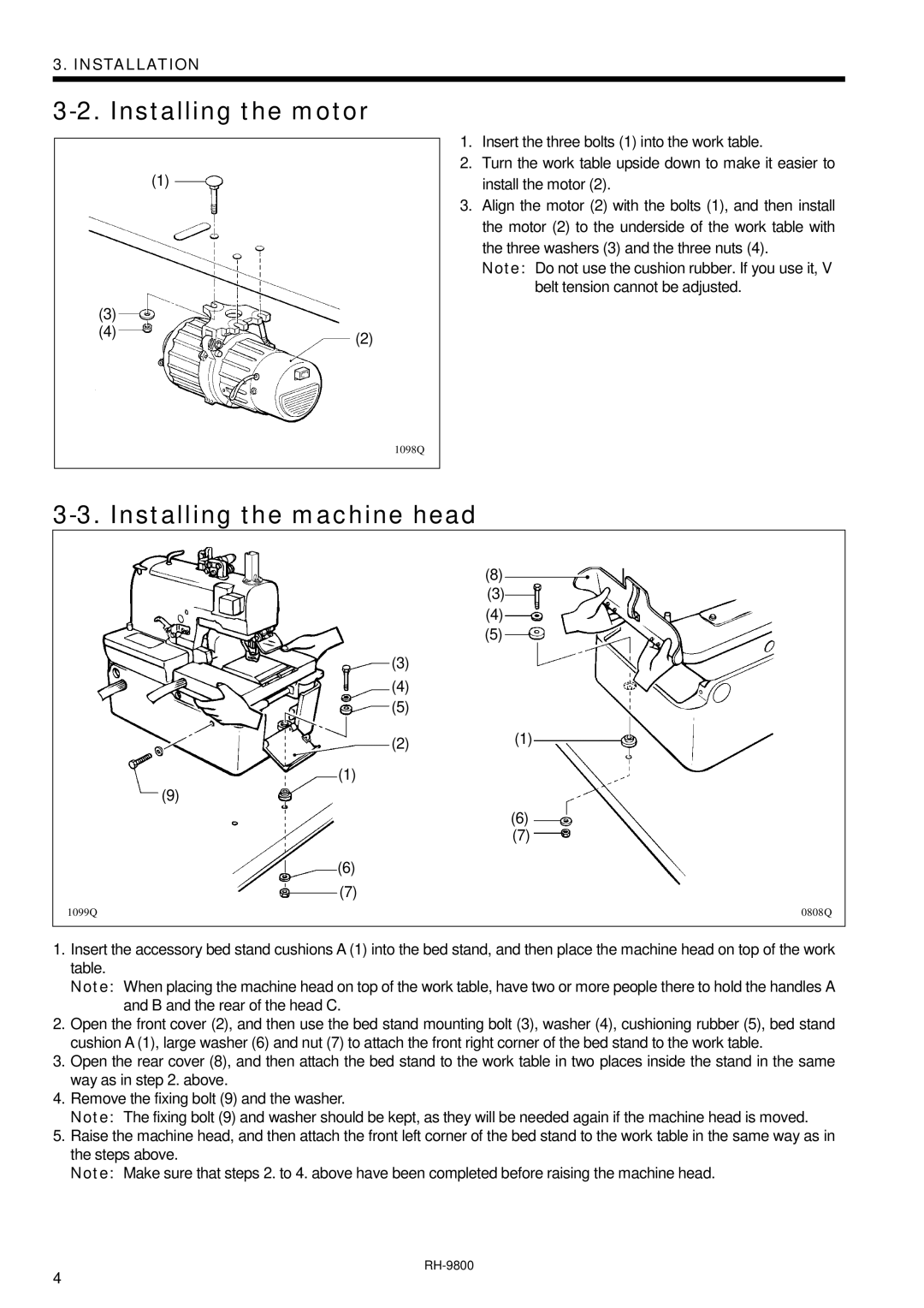 Brother DH4-B980 instruction manual Installing the motor, Installing the machine head 