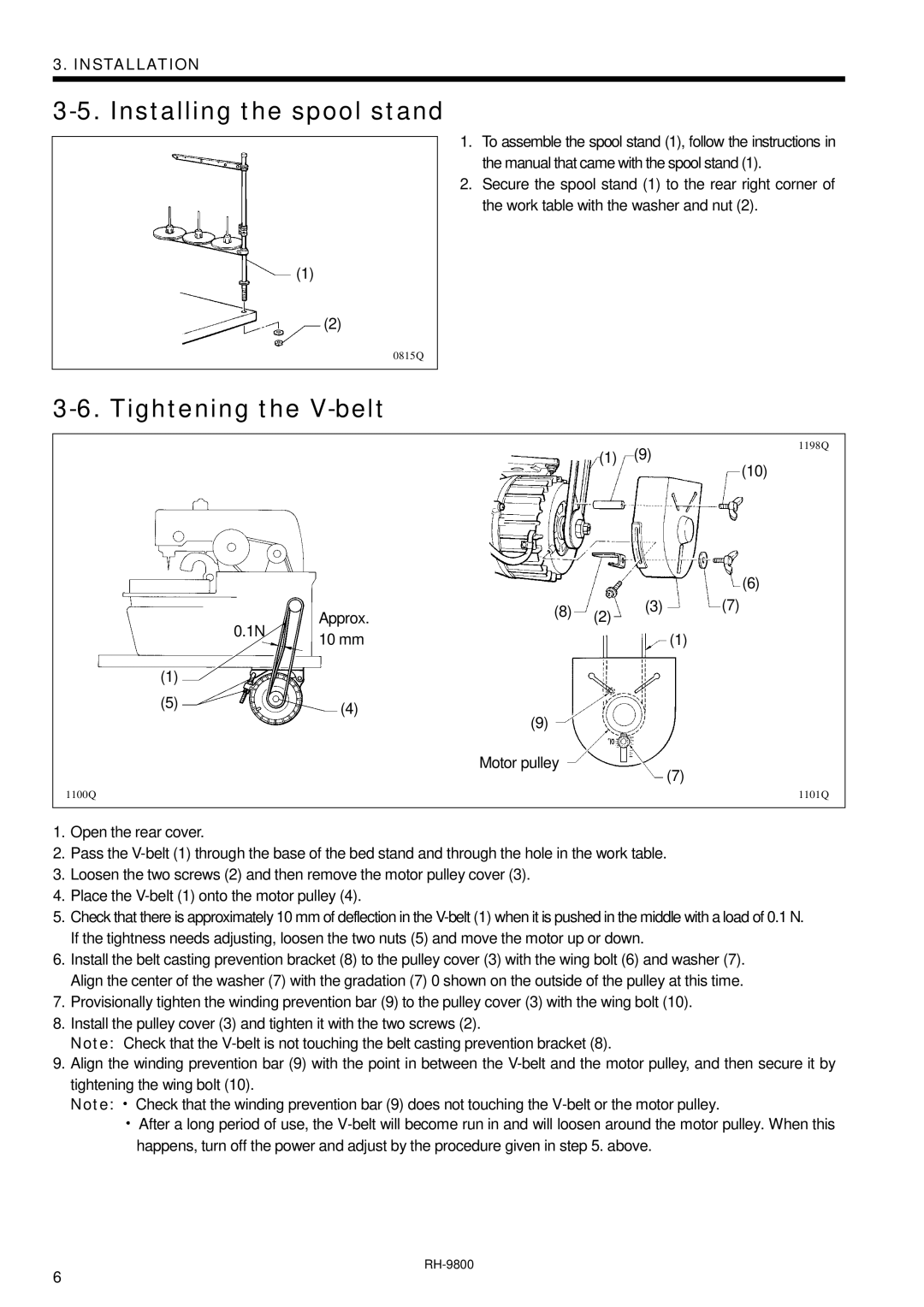 Brother DH4-B980 instruction manual Installing the spool stand, Tightening the V-belt 