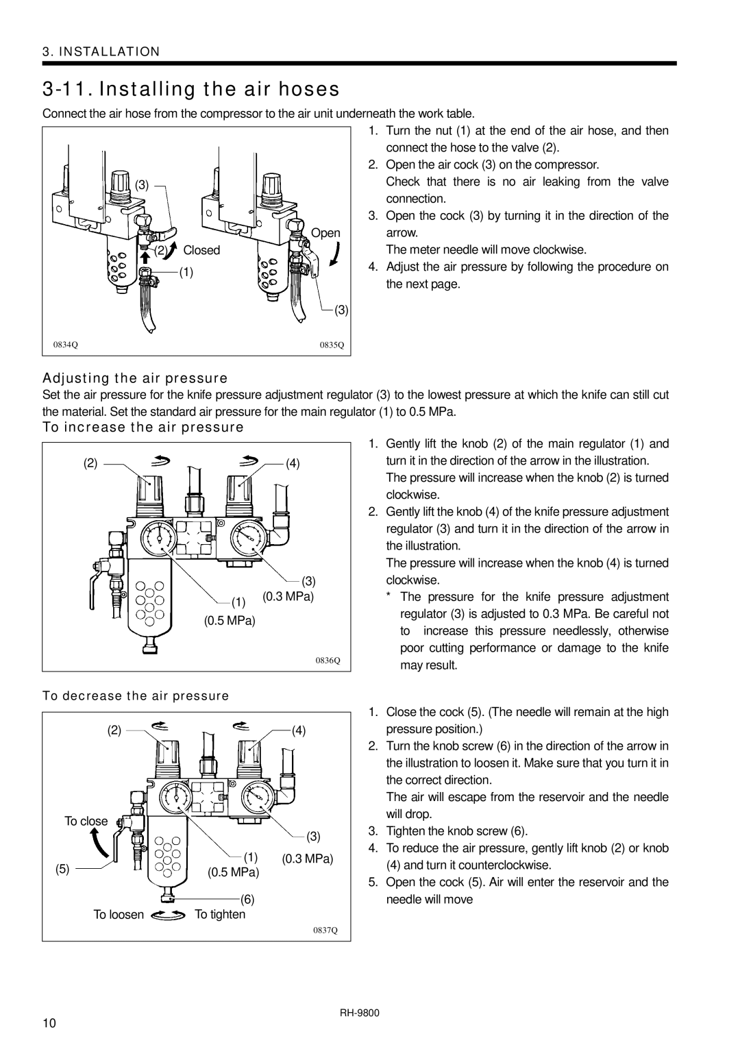 Brother DH4-B980 instruction manual Installing the air hoses, Adjusting the air pressure, To increase the air pressure 