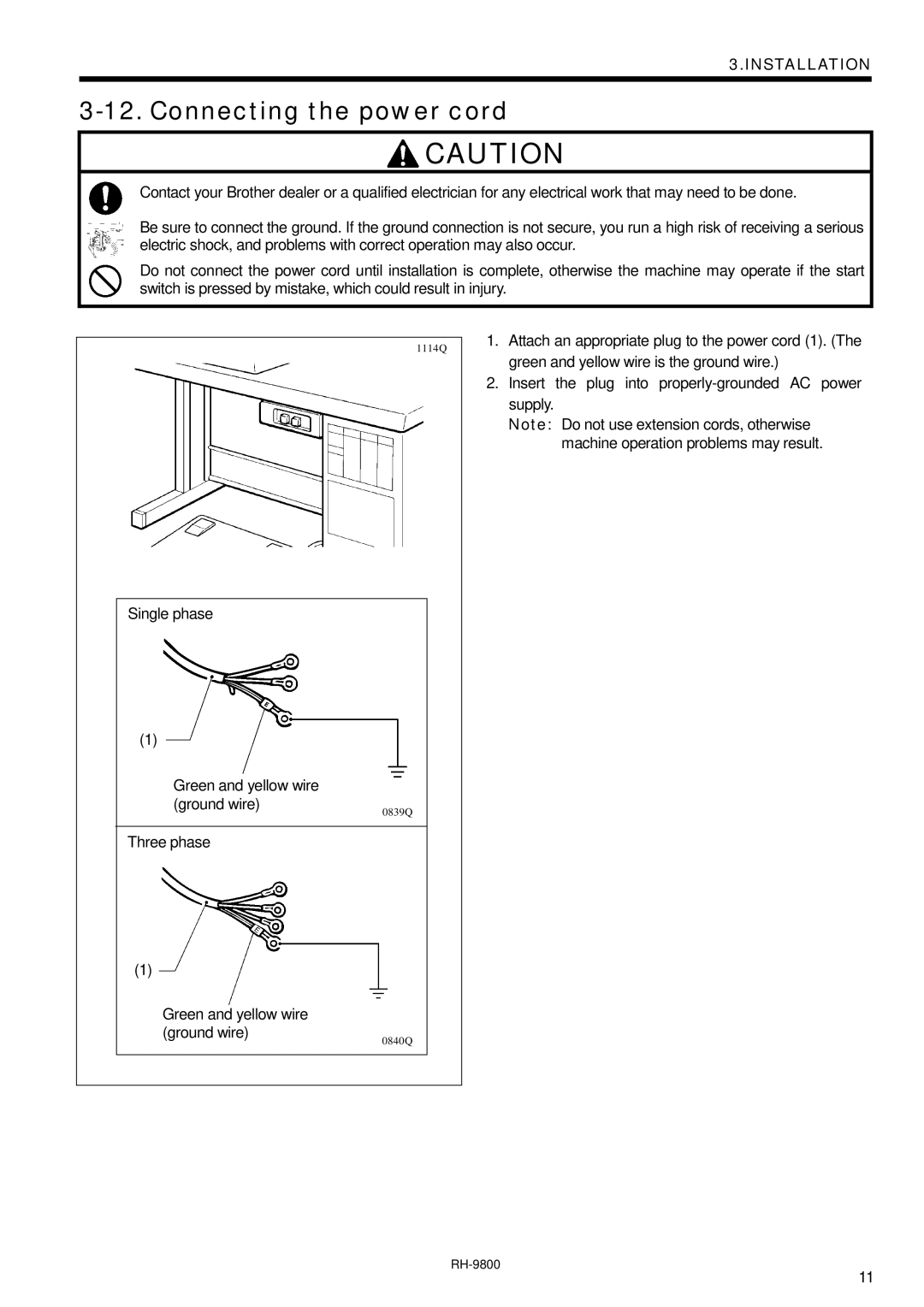 Brother DH4-B980 instruction manual Connecting the power cord 