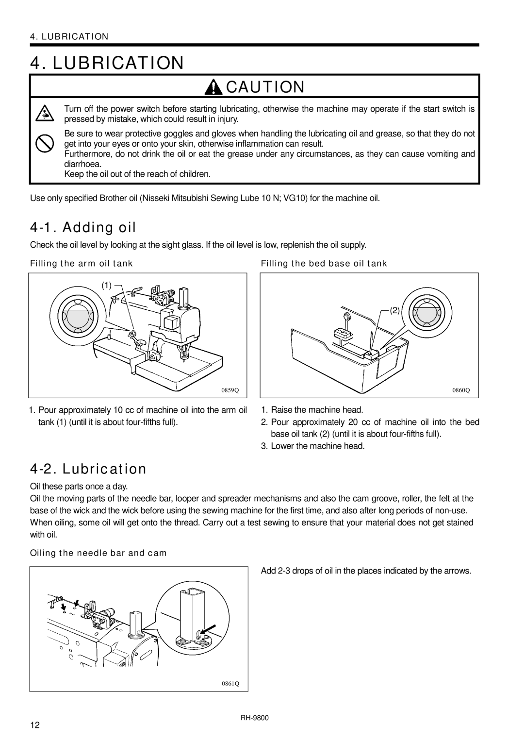 Brother DH4-B980 instruction manual Lubrication, Adding oil, Filling the arm oil tank, Oiling the needle bar and cam 