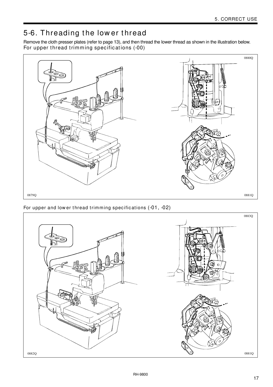 Brother DH4-B980 instruction manual Threading the lower thread, For upper thread trimming specifications 