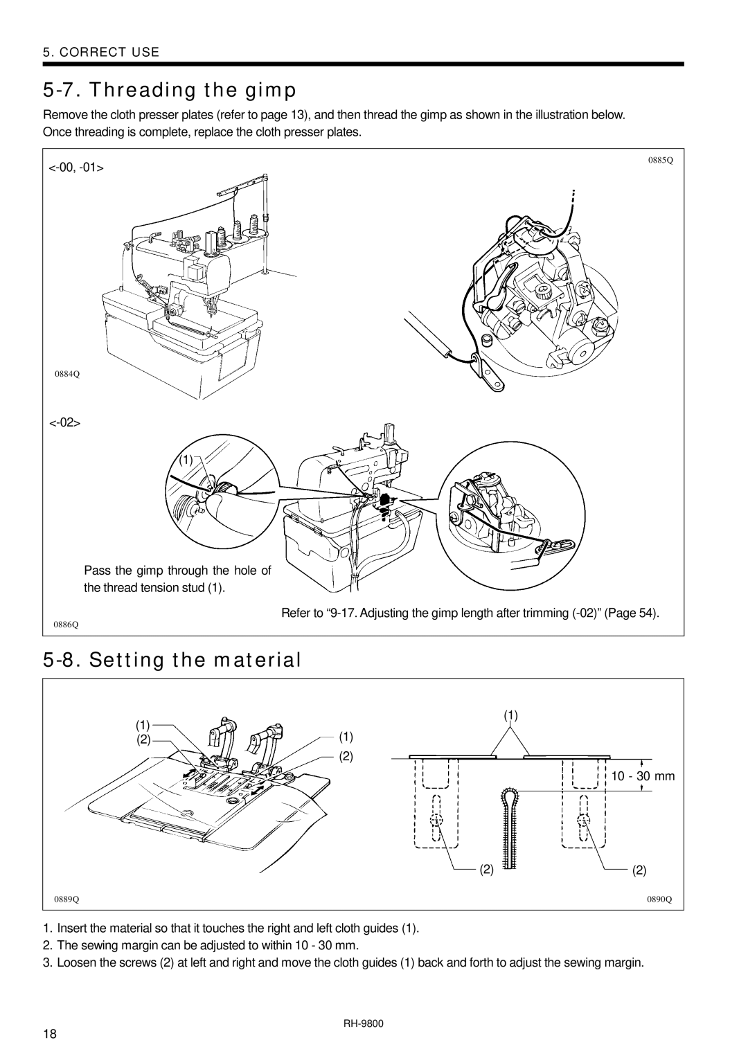 Brother DH4-B980 instruction manual Threading the gimp, Setting the material 