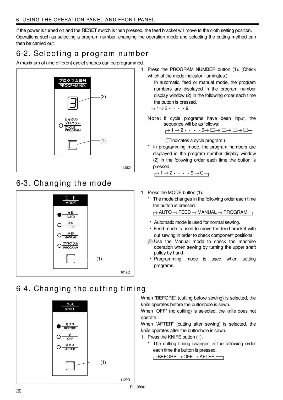 Brother DH4-B980 instruction manual Selecting a program number, Changing the mode, Changing the cutting timing 