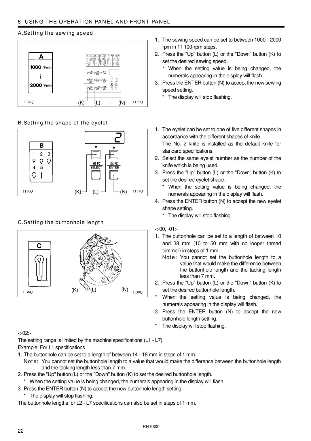 Brother DH4-B980 instruction manual Setting the shape of the eyelet, Setting the buttonhole length 