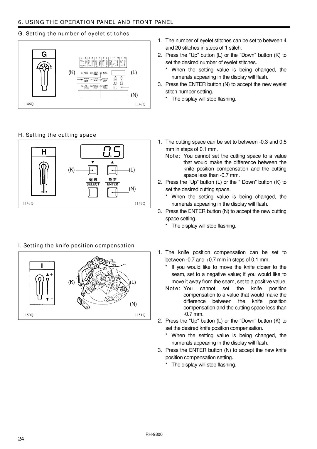 Brother DH4-B980 instruction manual Setting the cutting space, Setting the knife position compensation 