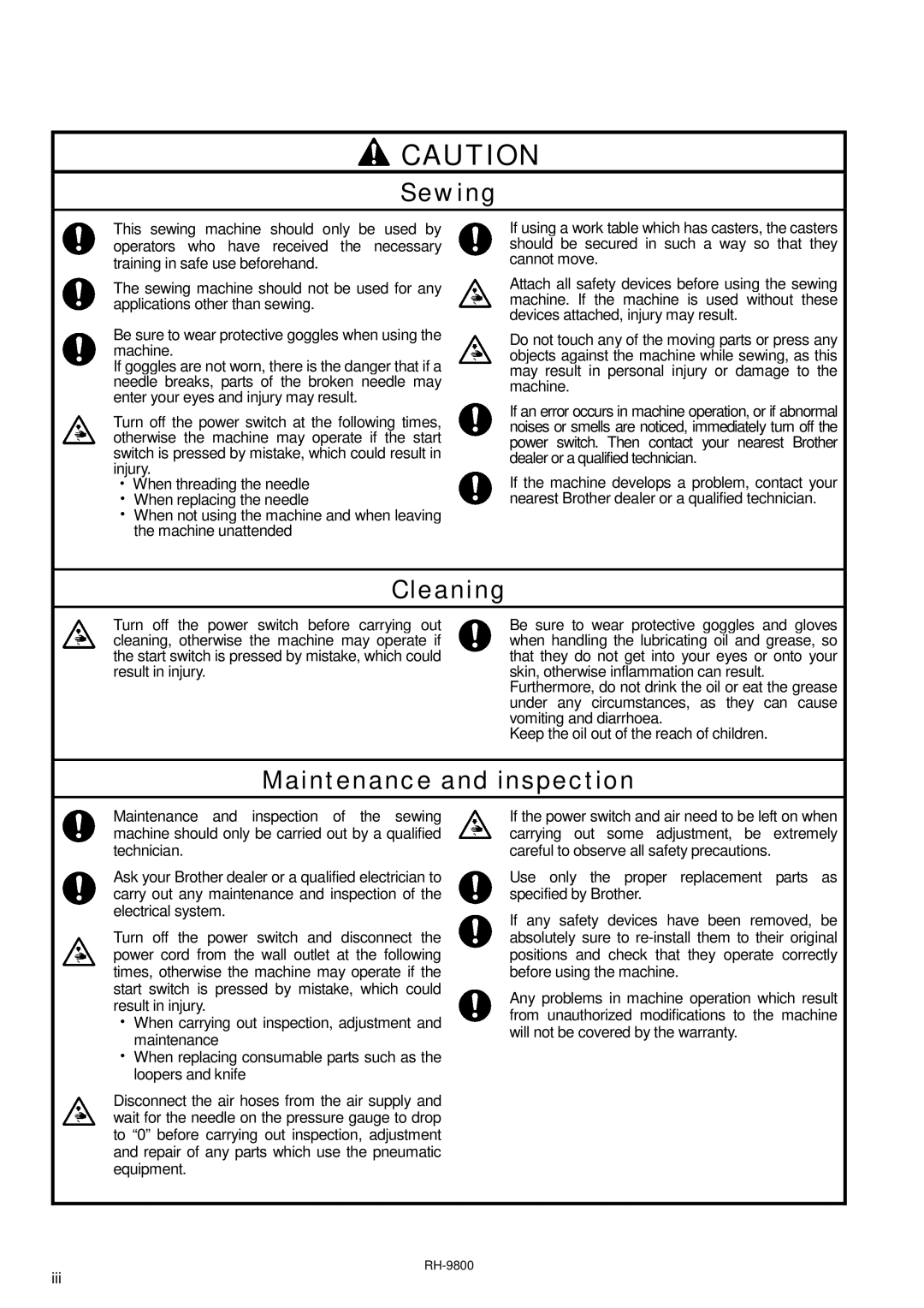 Brother DH4-B980 instruction manual Sewing, Cleaning, Maintenance and inspection 