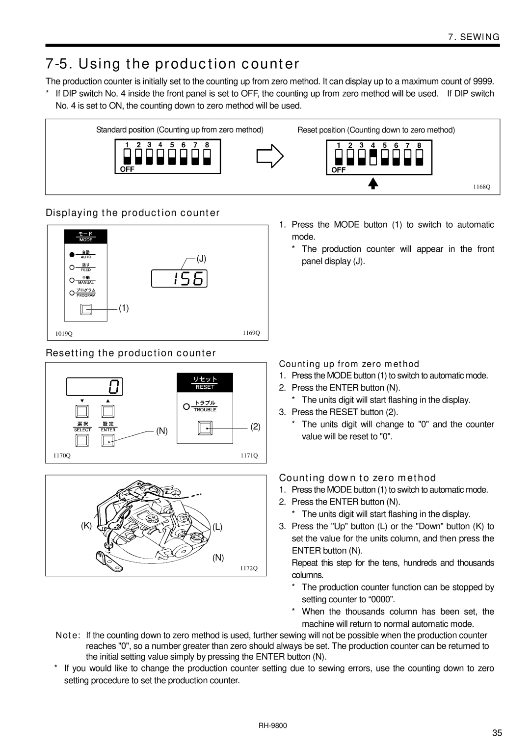 Brother DH4-B980 Using the production counter, Displaying the production counter, Resetting the production counter 