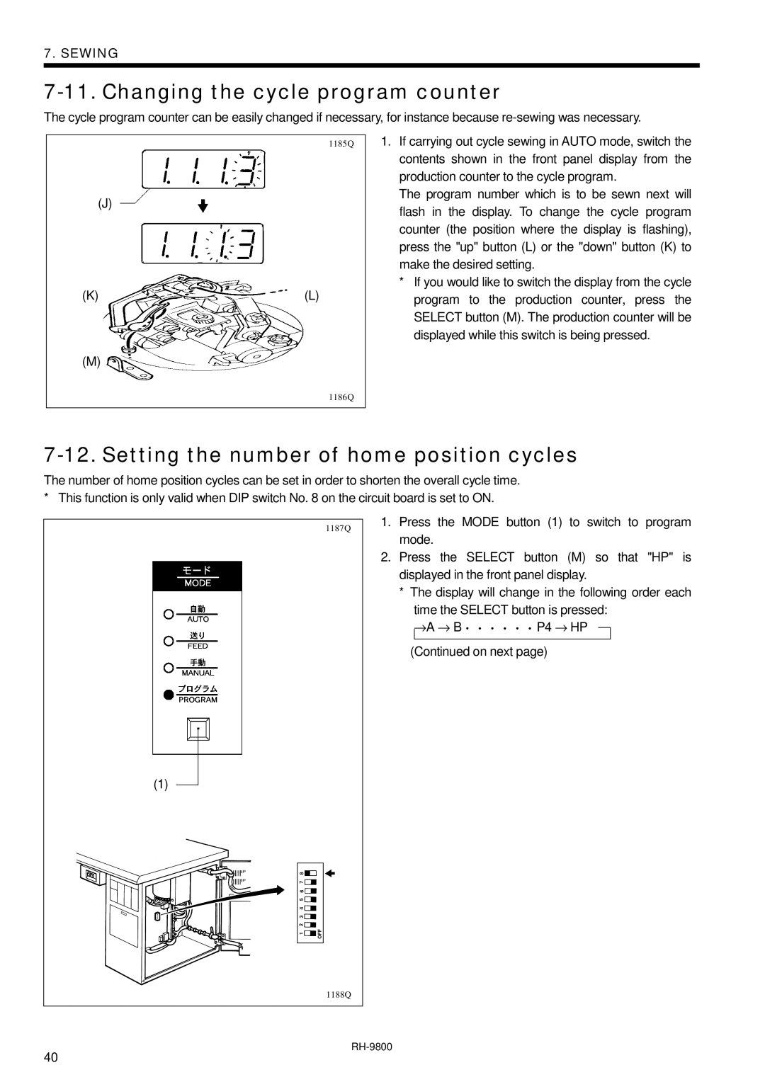 Brother DH4-B980 instruction manual Changing the cycle program counter, Setting the number of home position cycles 