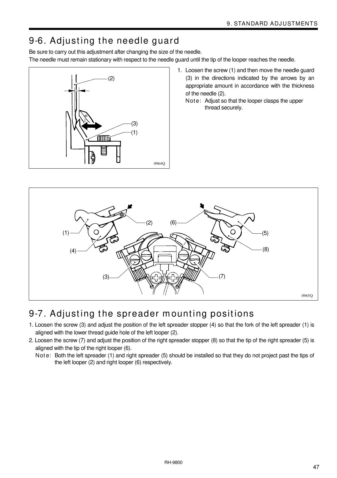 Brother DH4-B980 instruction manual Adjusting the needle guard, Adjusting the spreader mounting positions 