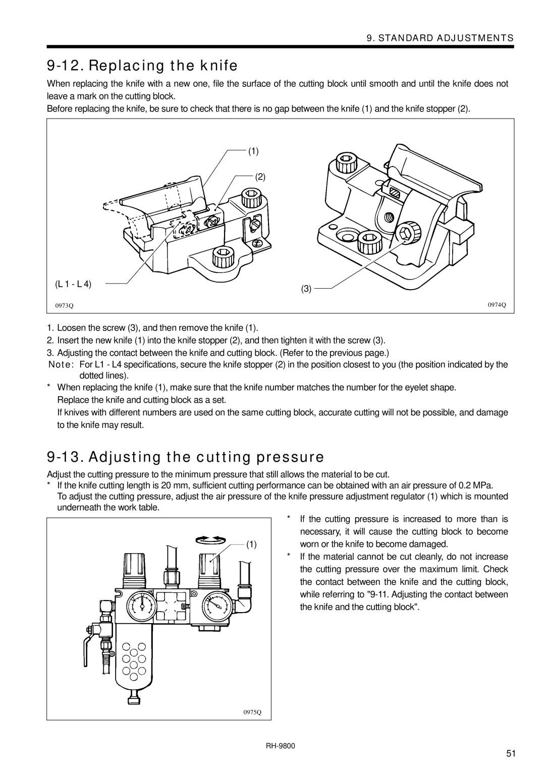 Brother DH4-B980 instruction manual Replacing the knife, Adjusting the cutting pressure 