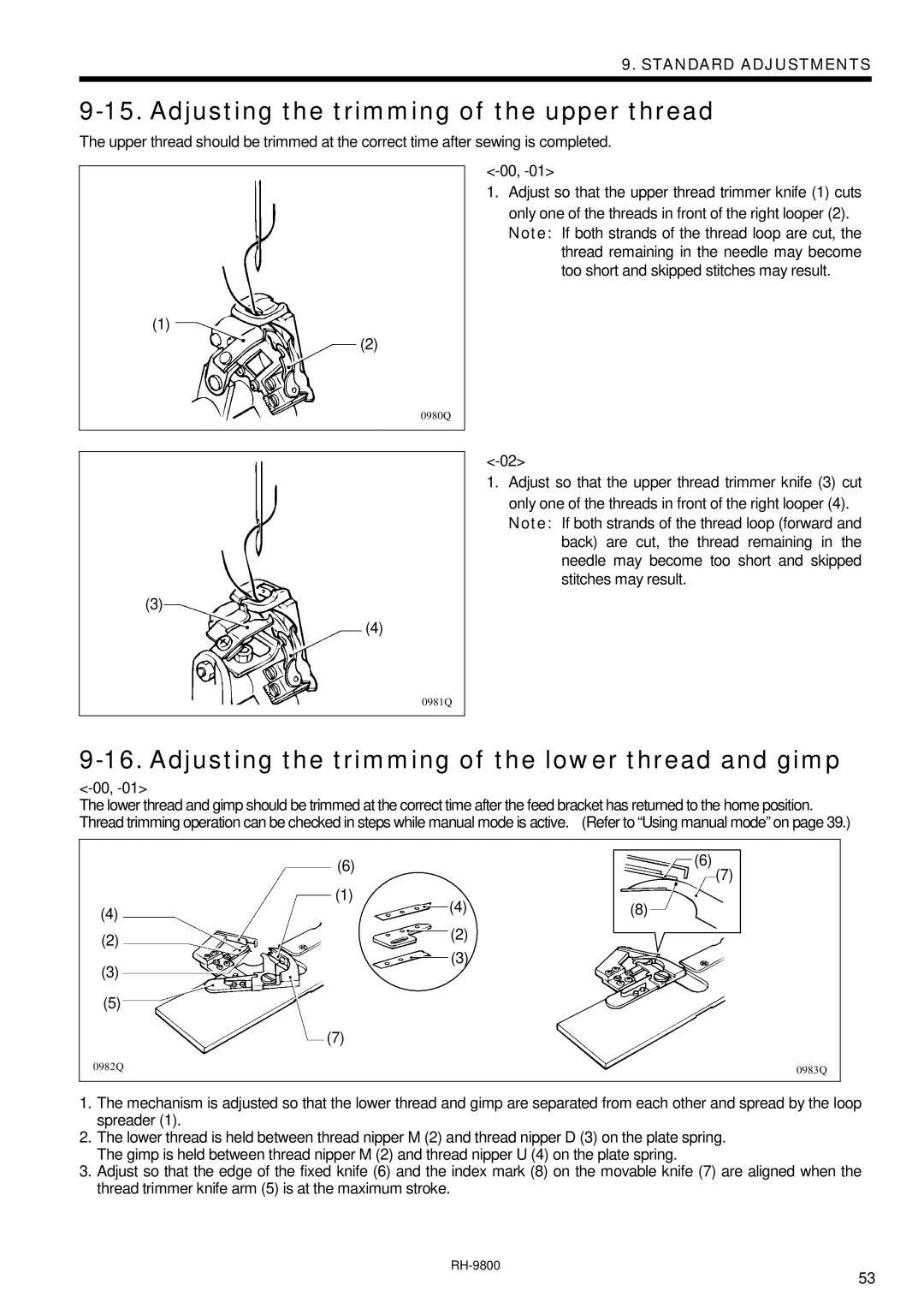 Brother DH4-B980 Adjusting the trimming of the upper thread, Adjusting the trimming of the lower thread and gimp 