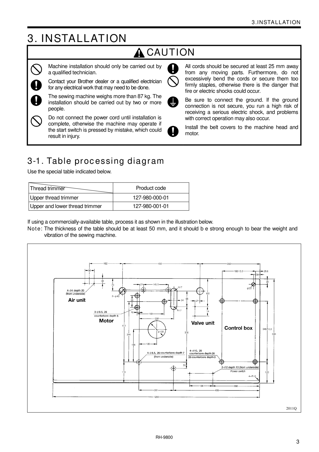 Brother DH4-B980 instruction manual Installation, Table processing diagram 