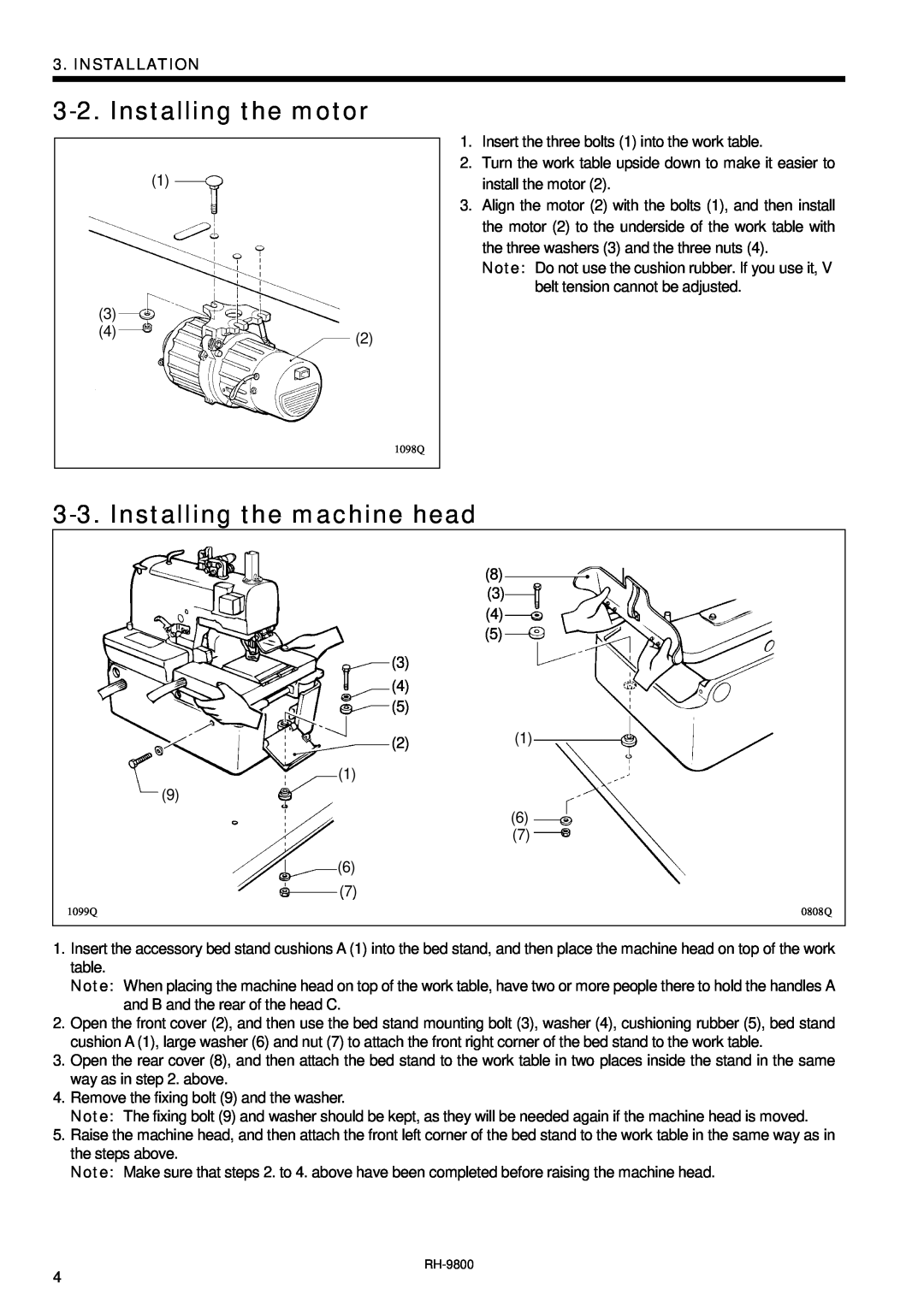 Brother DH4-B980 instruction manual Installing the motor, Installing the machine head, Installation 