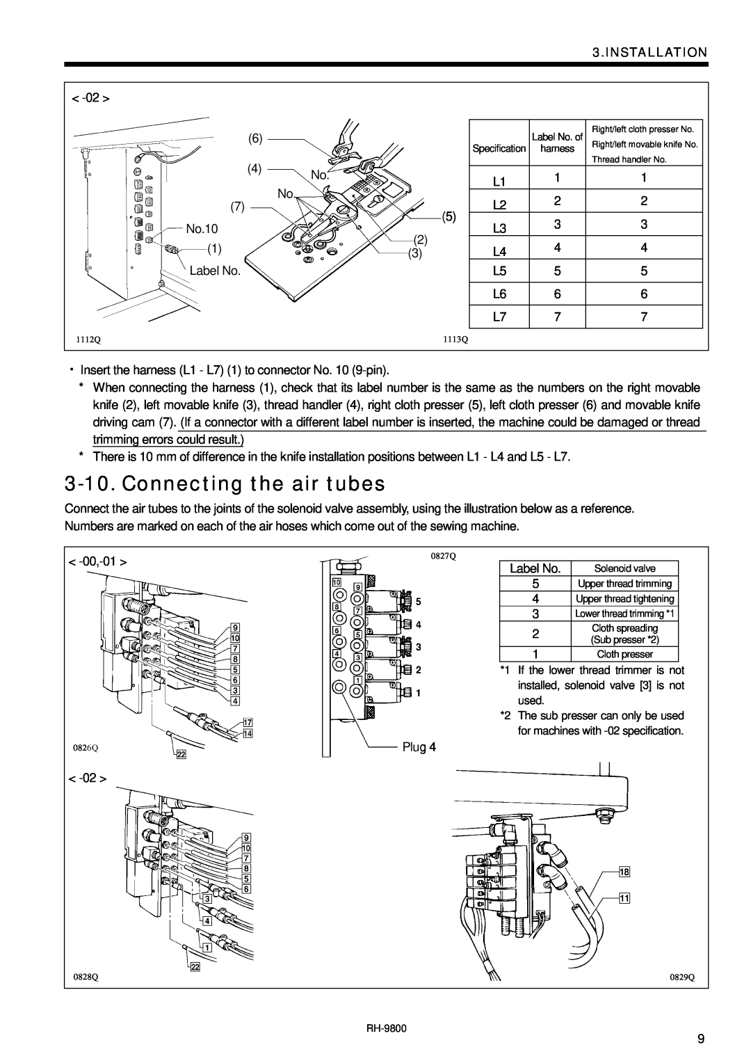 Brother DH4-B980 instruction manual Connecting the air tubes, Installation, harness, Sub presser *2 