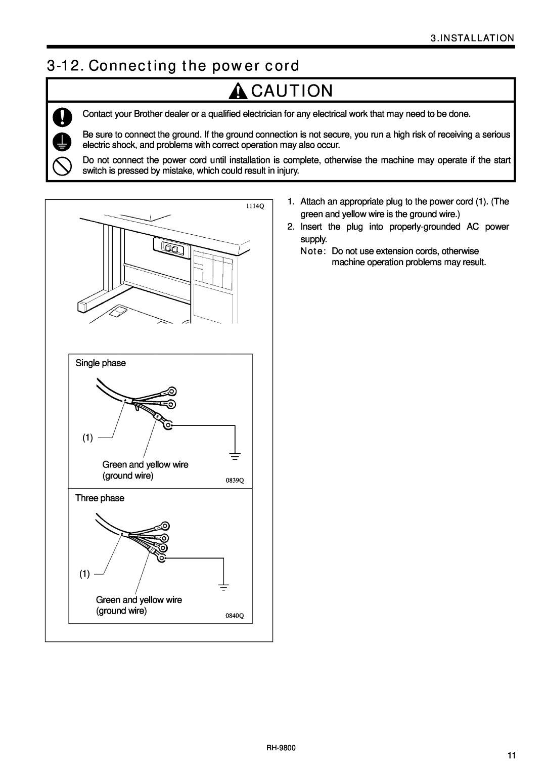 Brother DH4-B980 instruction manual Connecting the power cord, Installation, 1114Q, 0839Q, 0840Q 