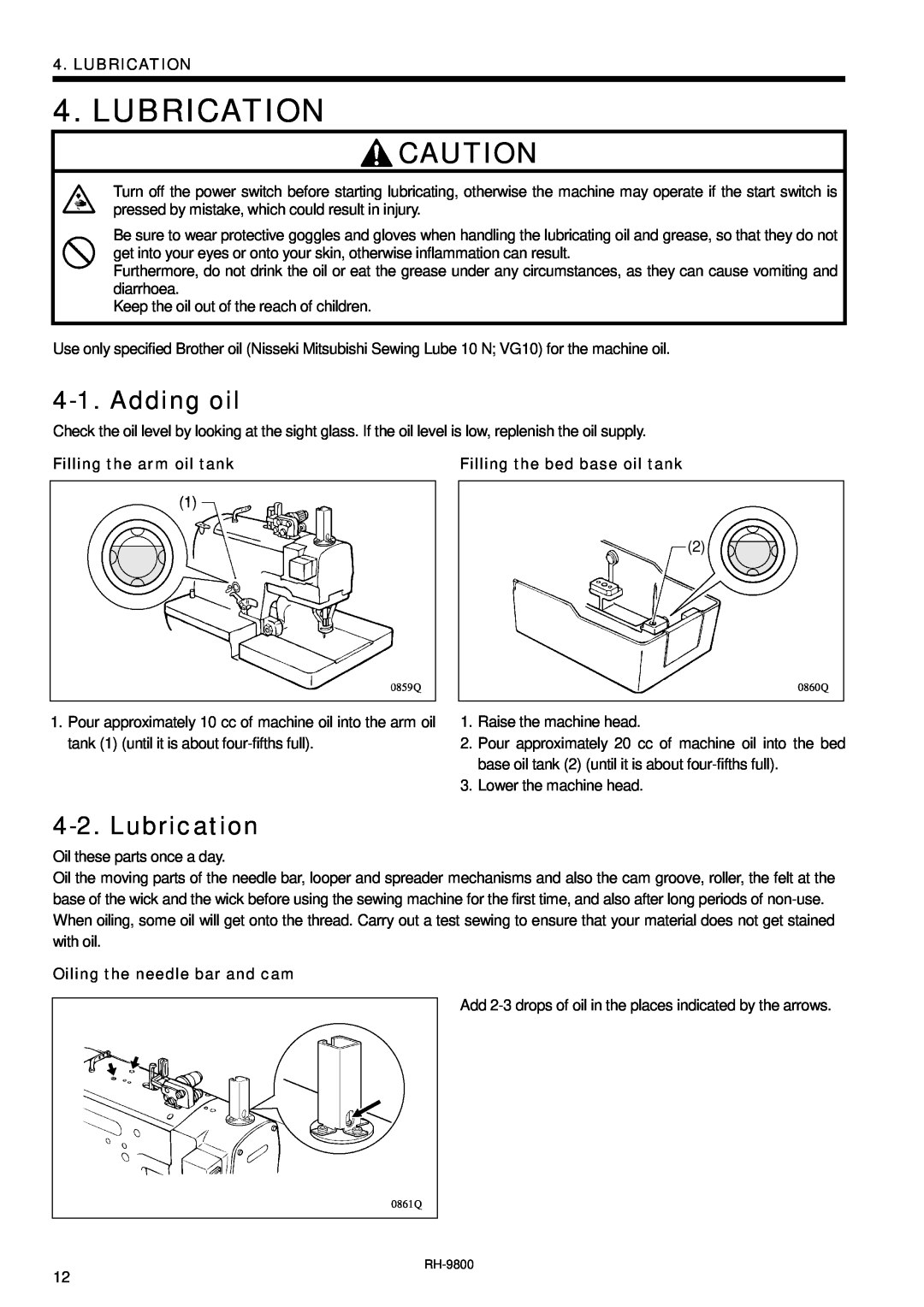 Brother DH4-B980 instruction manual Lubrication, Adding oil, Filling the arm oil tank, Oiling the needle bar and cam 