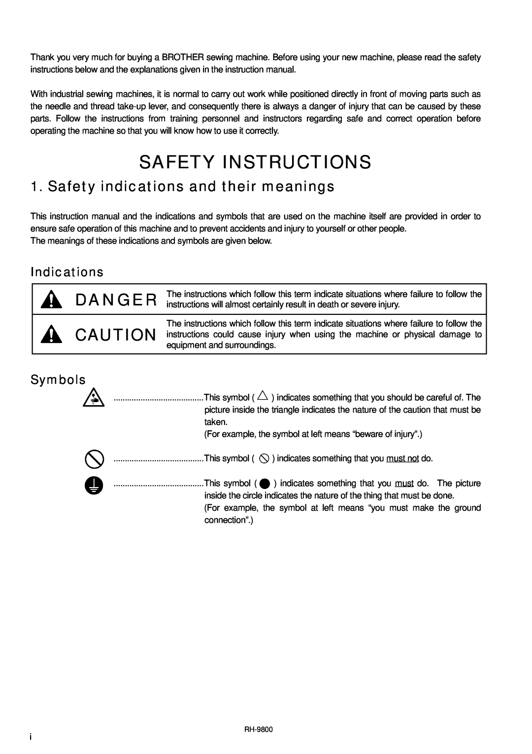 Brother DH4-B980 instruction manual Safety Instructions, Safety indications and their meanings, Indications, Symbols 