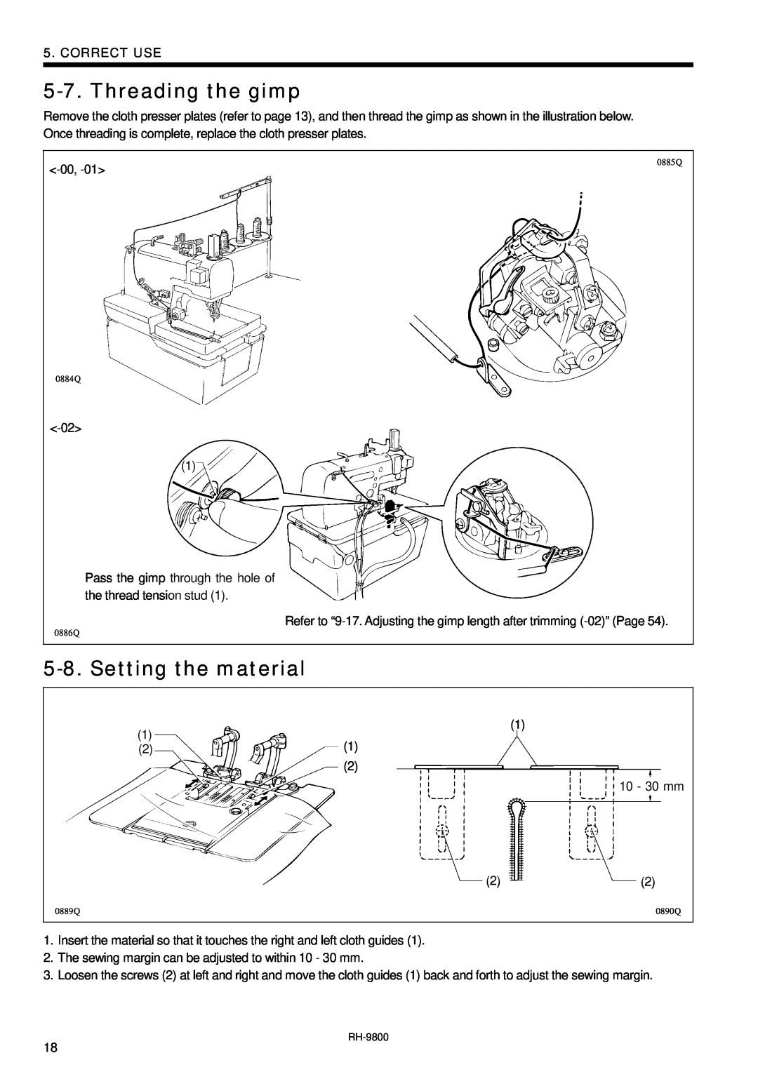 Brother DH4-B980 instruction manual Threading the gimp, Setting the material, Correct Use 